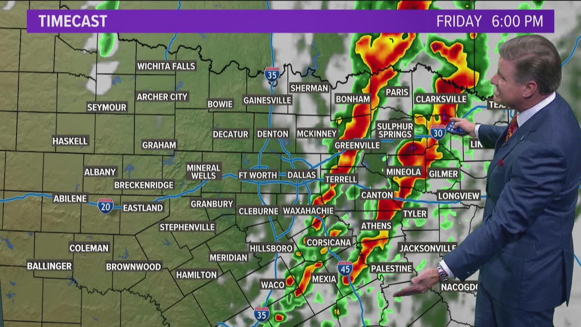 Storms began firing around 1 p.m. for most of North Texas, and they were expected to move through the area into the early evening hours