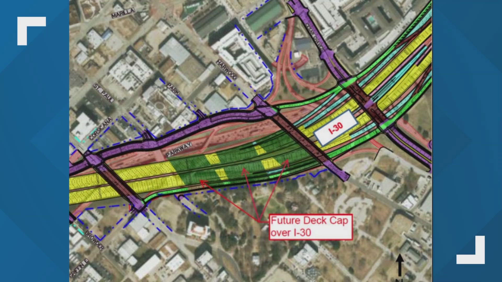 The deck parks would be built over I-30 on Lamar Street and between S. Ervay Street and Harwood Street near Old City Park.