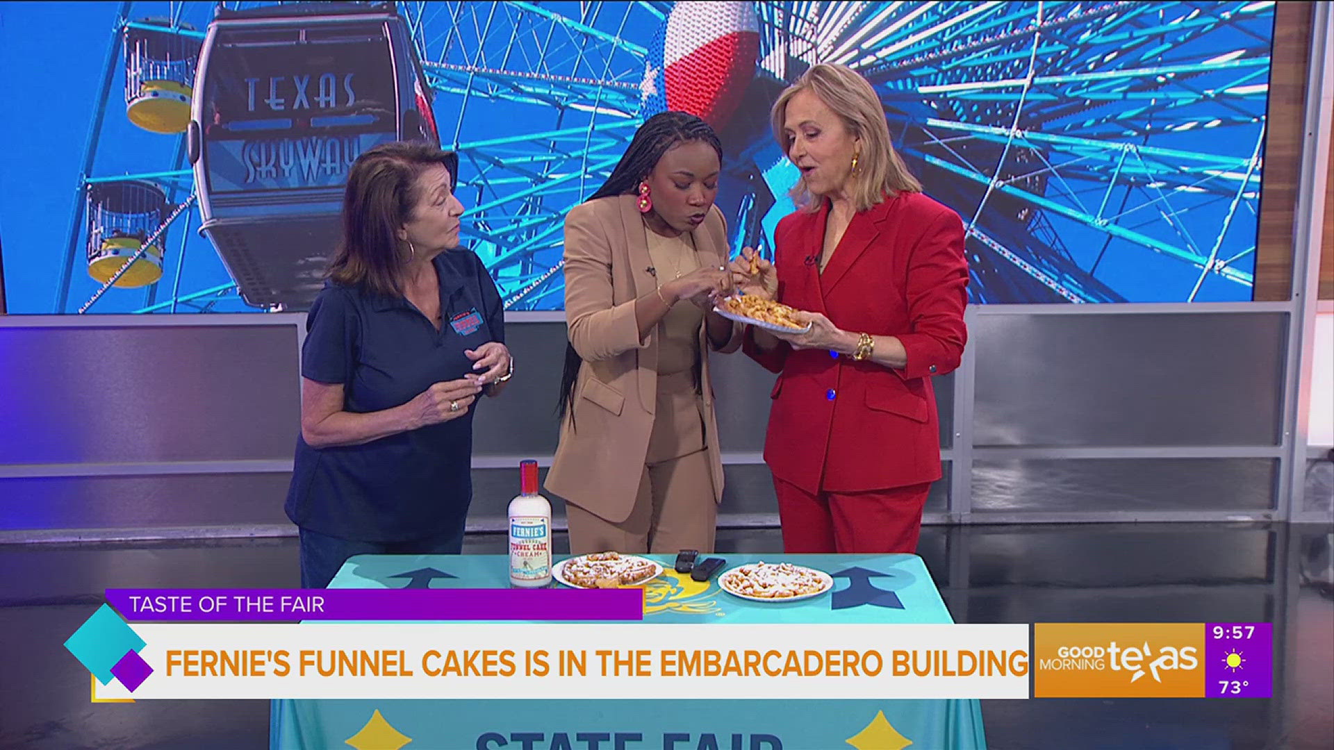 Christi Erpillo with Fernie's Funnel Cakes shares some funnel cakes with Erin and Jane. Go to bigtex.com for more information.