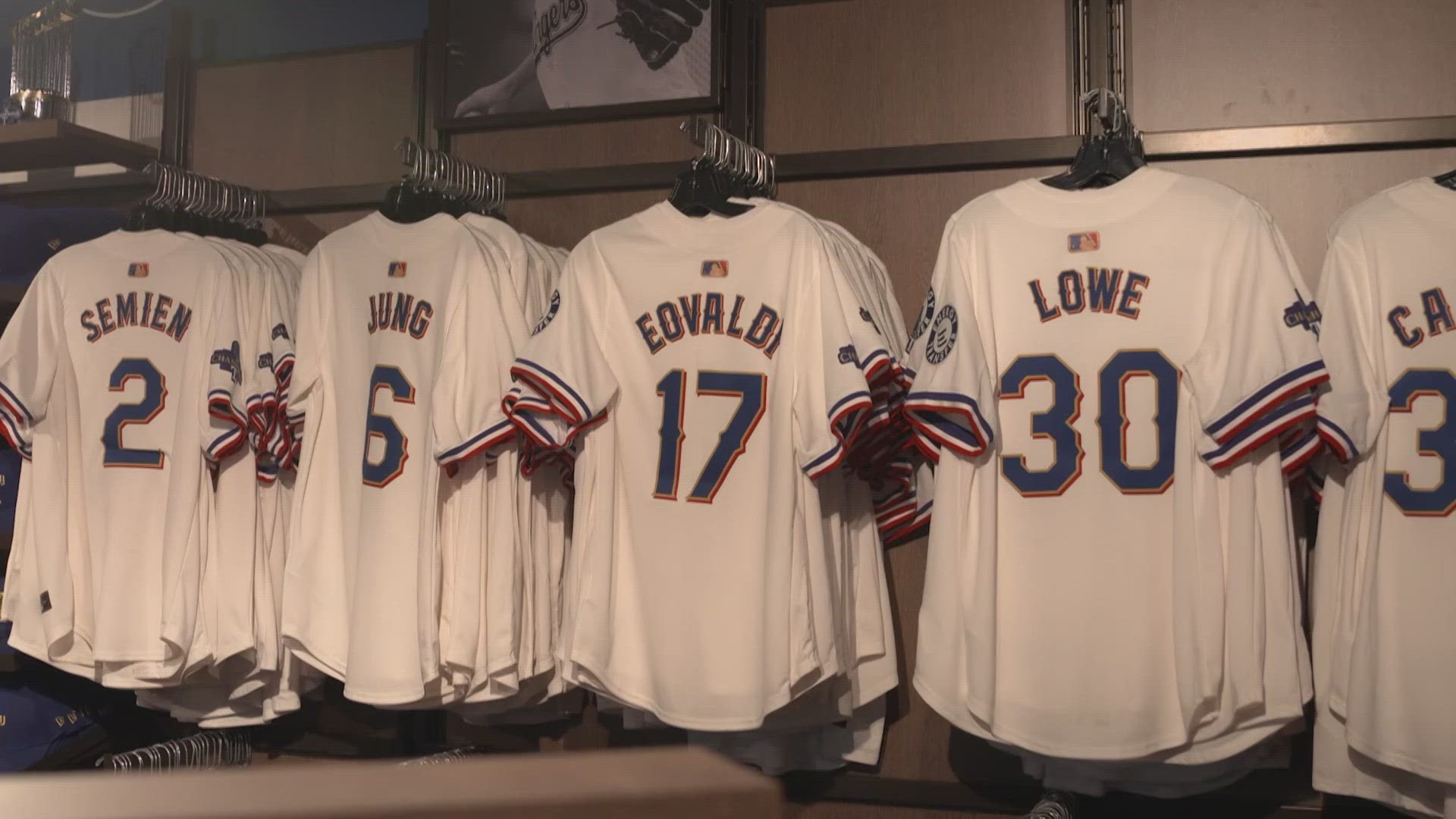 The new jerseys feature the Rangers' numbers trimmed in gold.