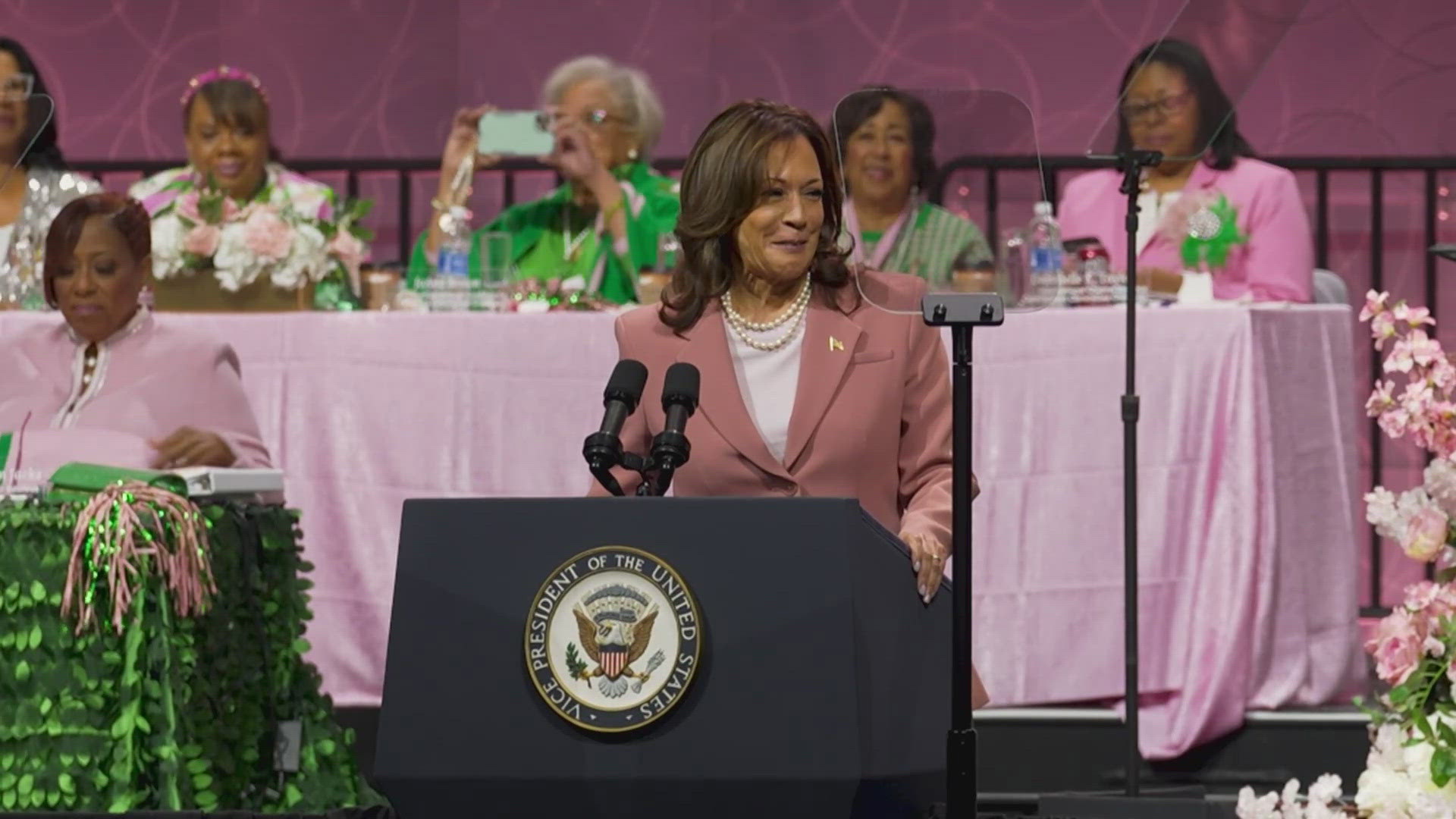 Sorority sisters of the vice president react to her speech highlighting the importance of the 2024 presidential election.