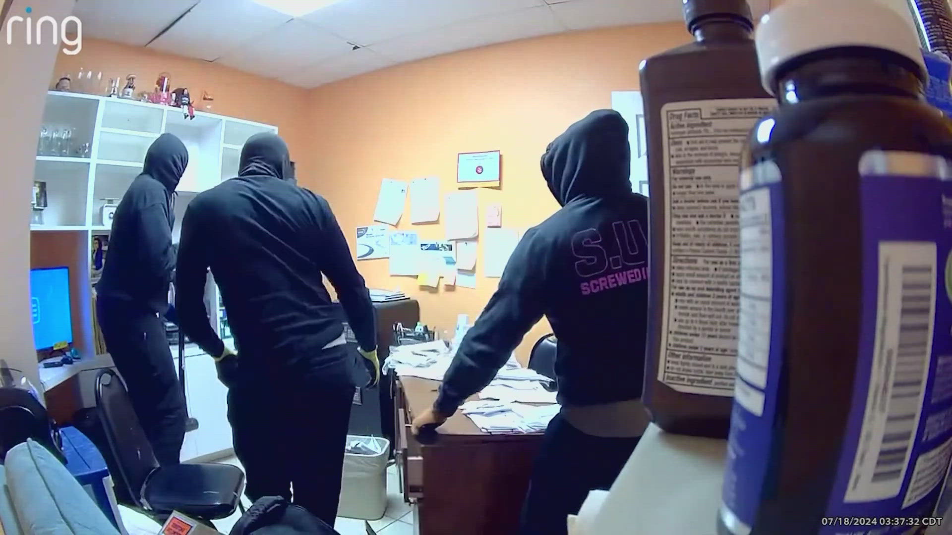 In the video, it shows three burglars stealing two safes from Lili's restaurant in Grand Prairie, Texas.