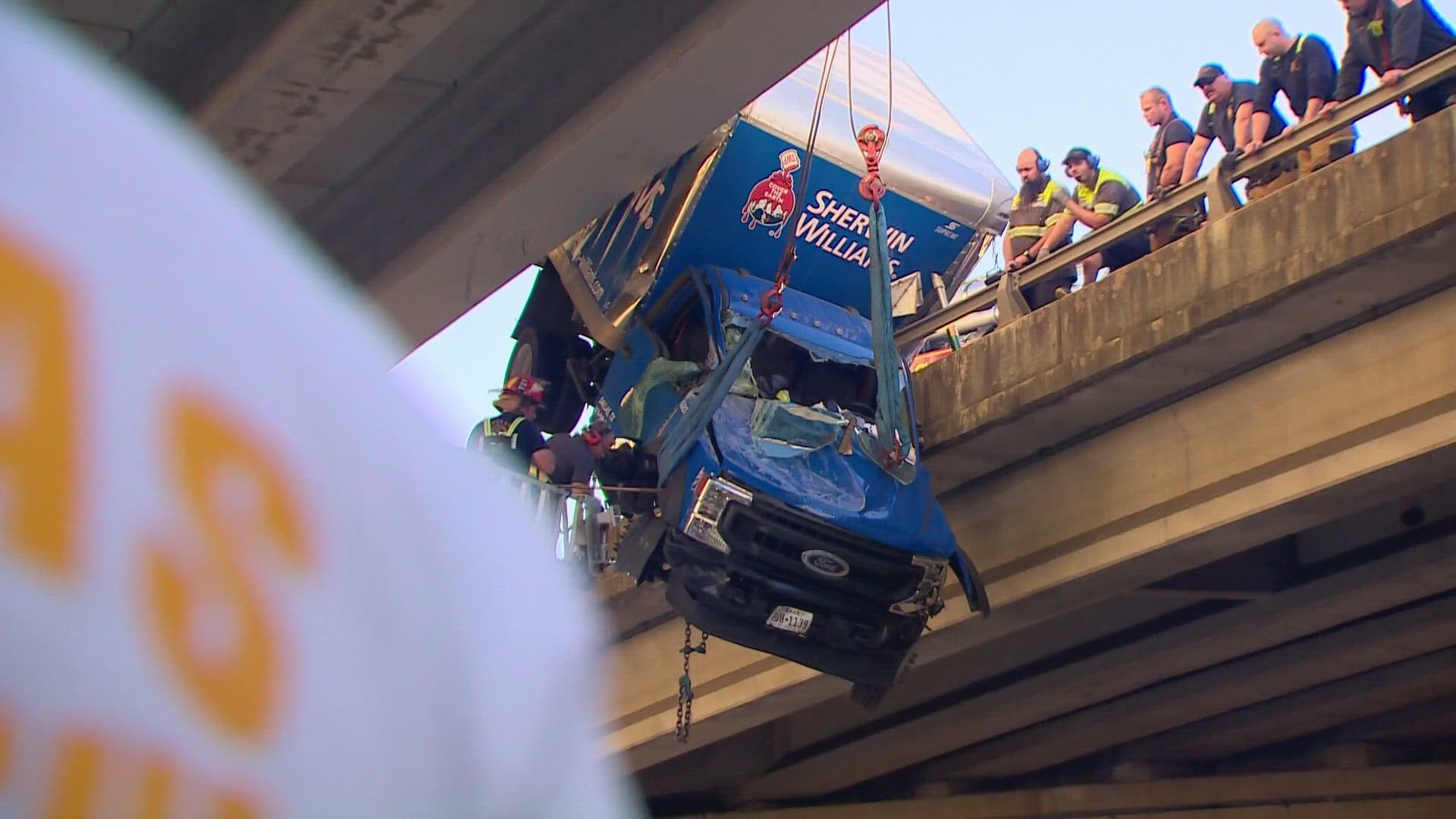 Firefighters were reportedly called about the accident at about 2:29 p.m. on Monday at the interchange of North Stemmons Freeway and Dallas North Tollway.