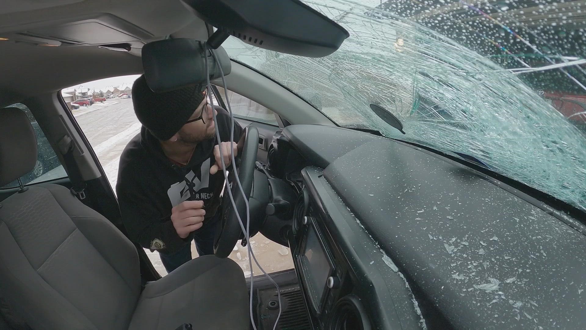 Michael Frey was trying to help neighbors by giving rides when ice from another car flew into his car and broke his windshield.