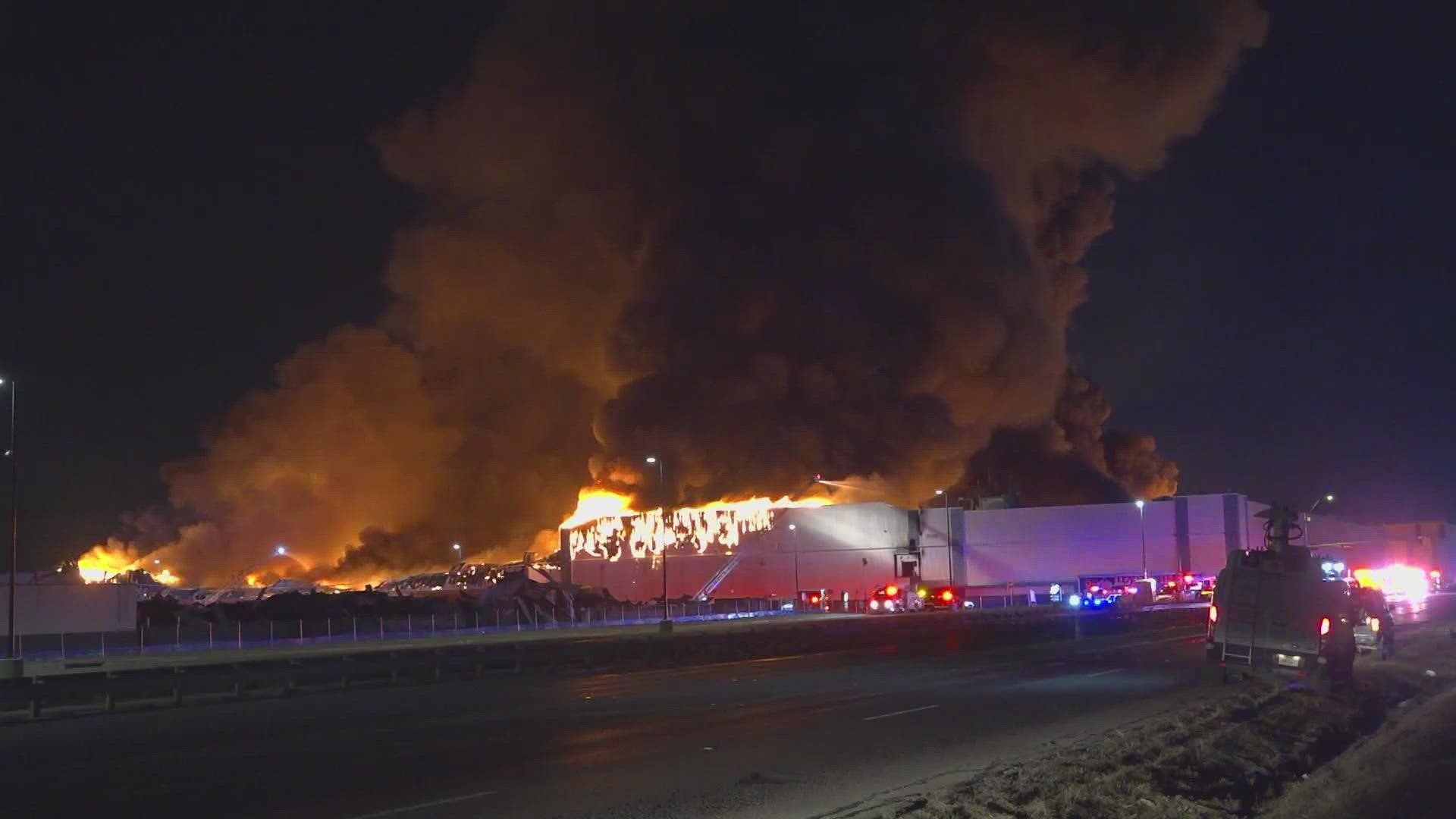 Dallas-Fire Rescue said units were assigned to the fire at 5:28 a.m. Tuesday after multiple reports of a fire coming from a warehouse.