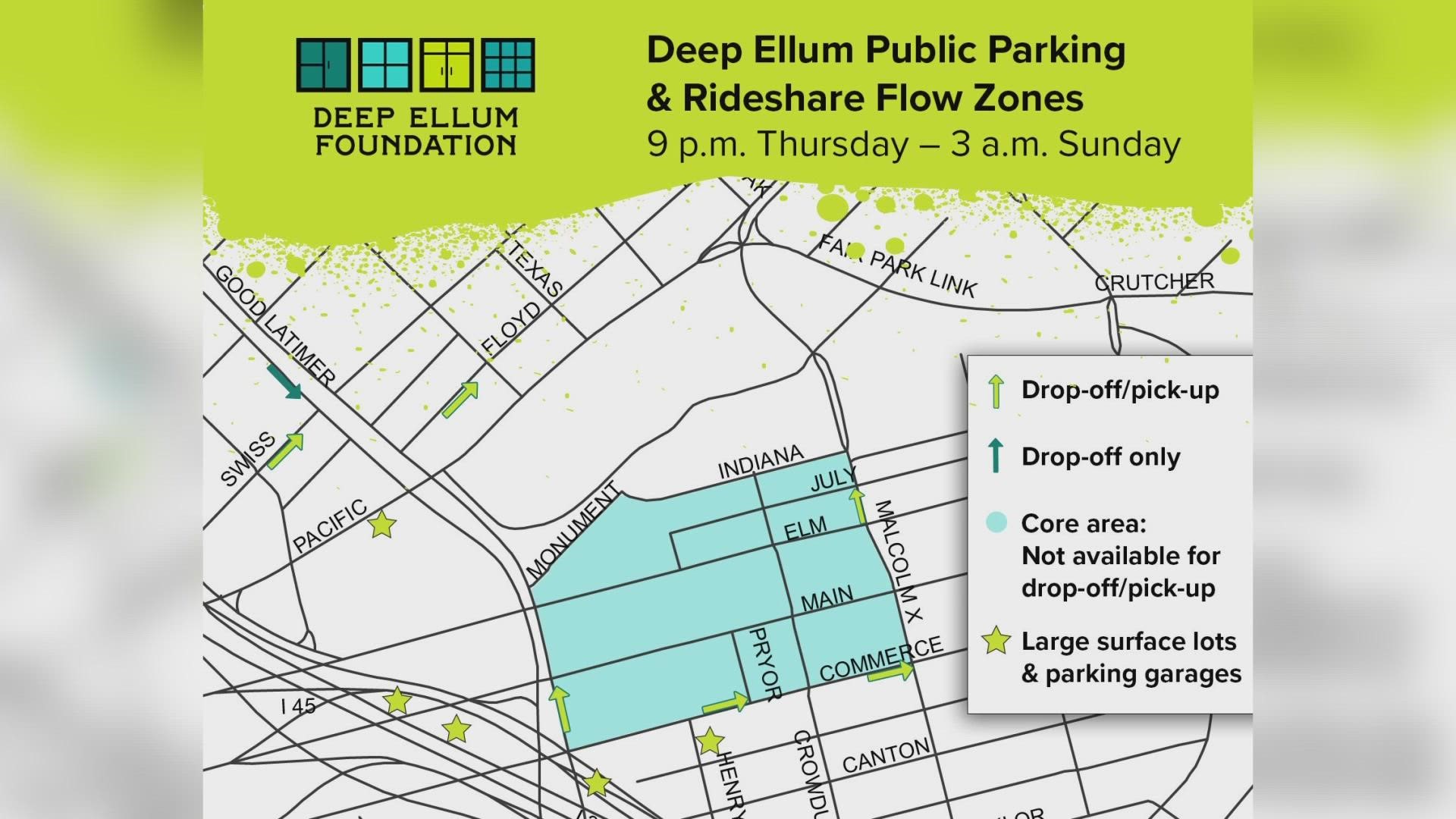 Deep Ellum announced that its rideshare flow zones are returning this weekend and in place on Thursday through Saturday nights.