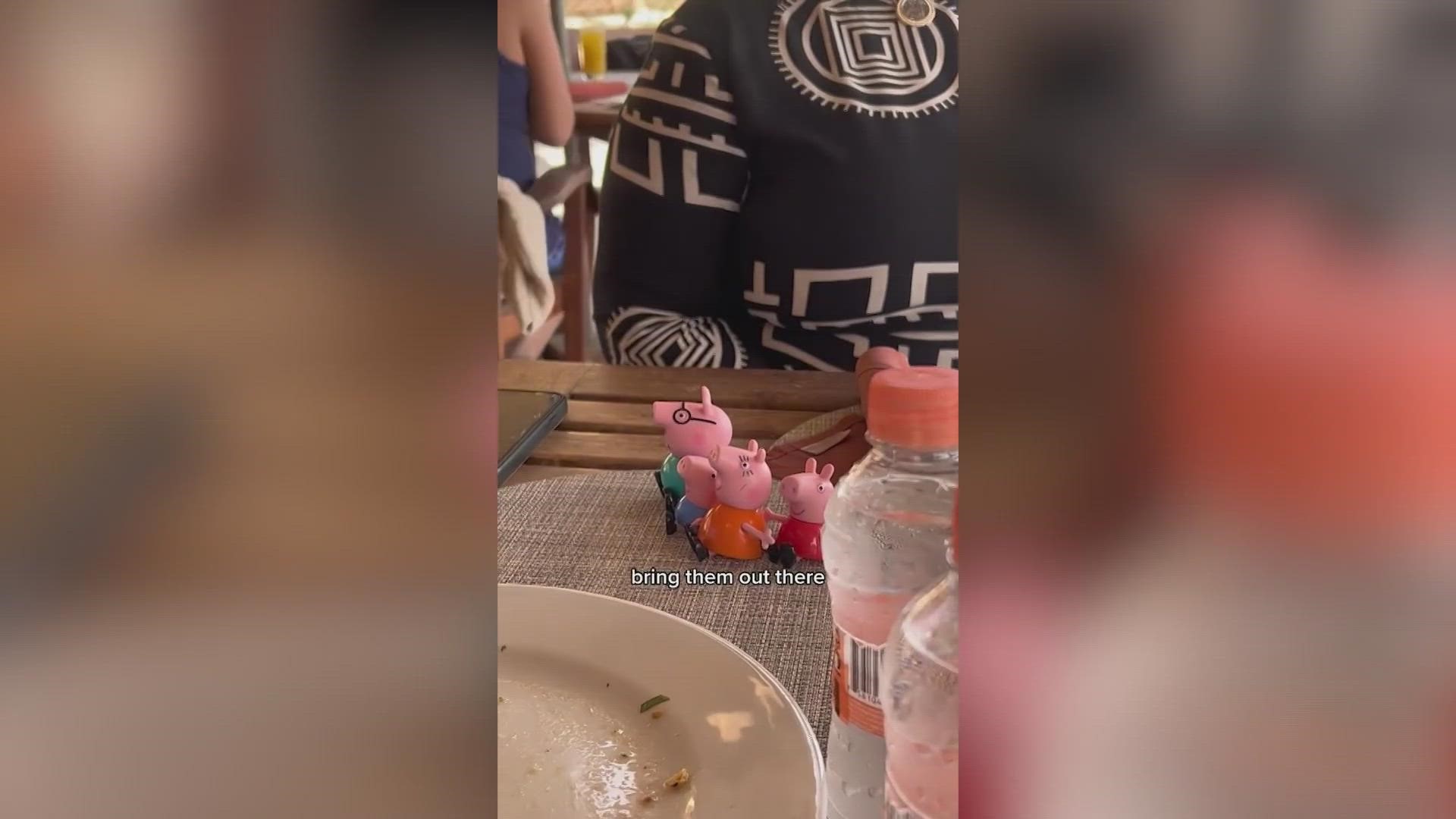 The TikTok user that uploaded the video said her niece had slipped her toys into her granddad's bag, so he decided to make the most with them.