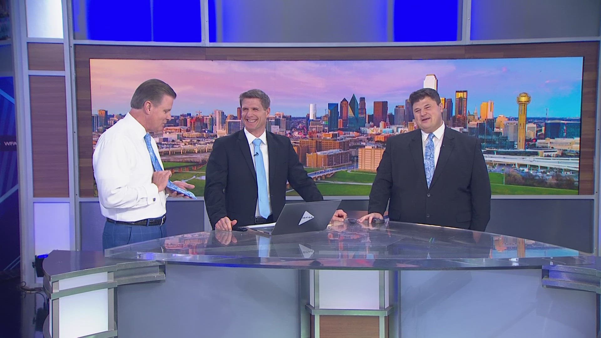 WFAA's Pete Delkus, Jason Wheeler and Jesse Hawila all (supposedly) accidentally wear the same colored tie on set on Thursday.