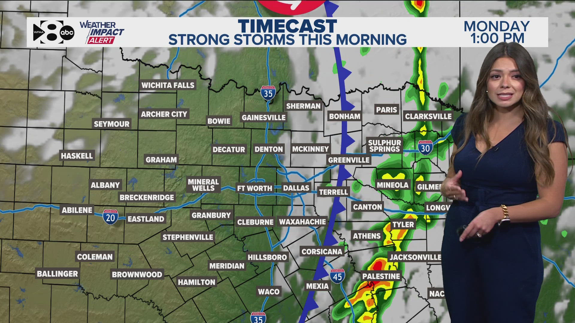 A line of storms will continue pushing east across Texas Monday afternoon.