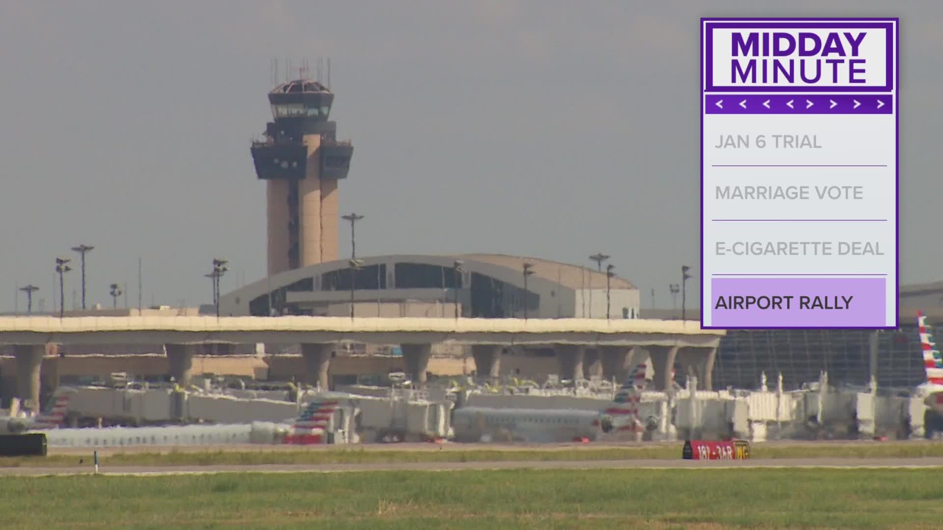Service workers from the airport are rally as part of a nationwide Day of Action.