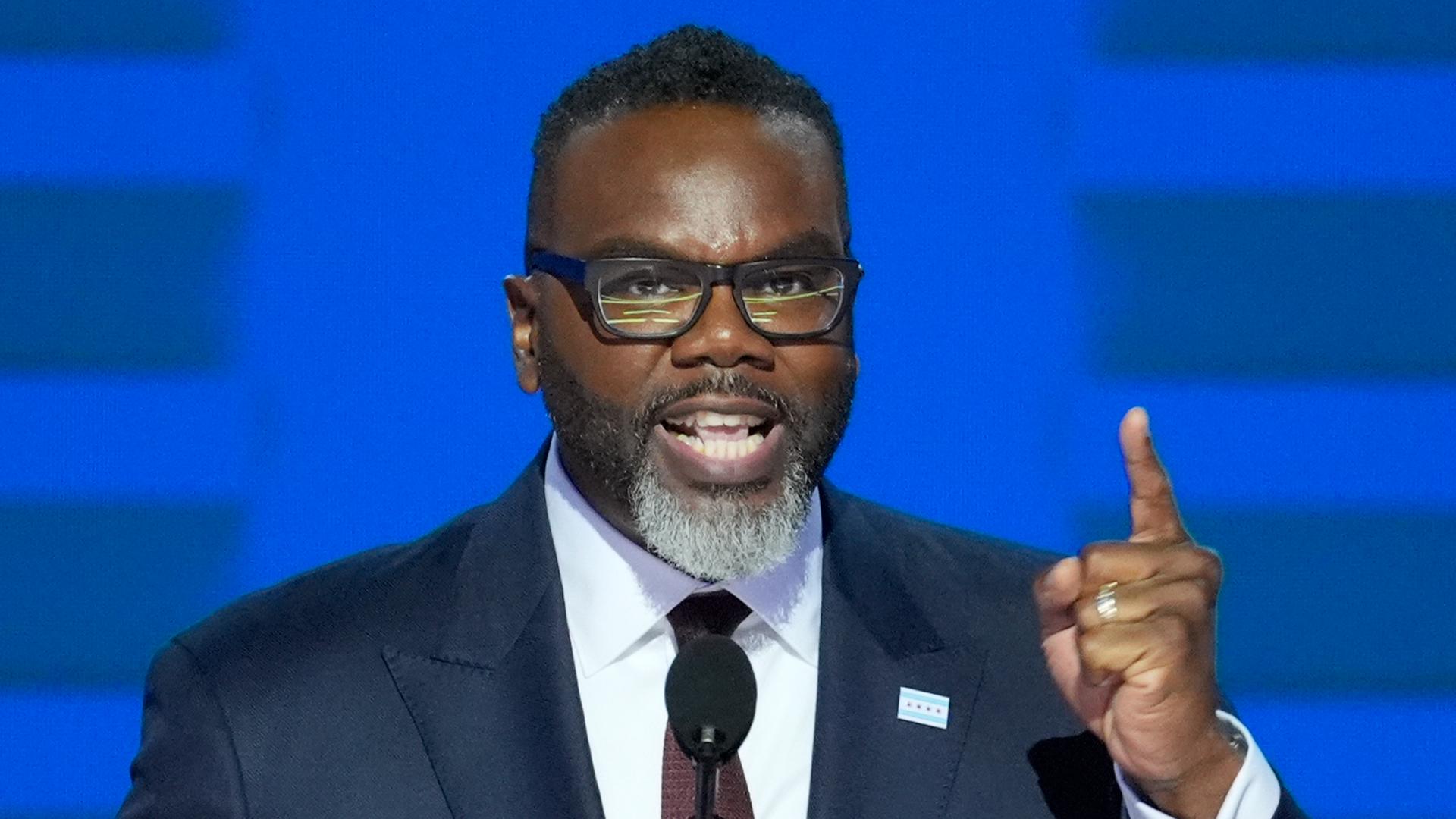 Chicago Mayor Brandon Johnson spoke at the 2024 Democratic National Convention on August 19, 2024, in Chicago, Illinois.