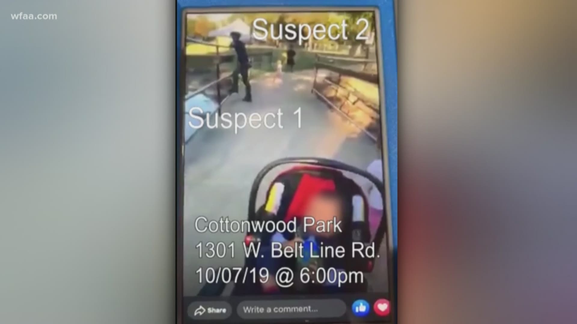 Richardson police are looking for two suspects who stole a woman's phone and threatened to kidnap her child Monday night in Cottonwood Park.