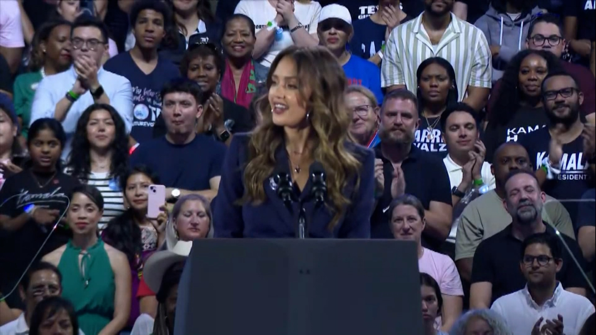 Actress Jessica Alba spoke at the Kamala Harris rally in Houston on October 25, 2024.