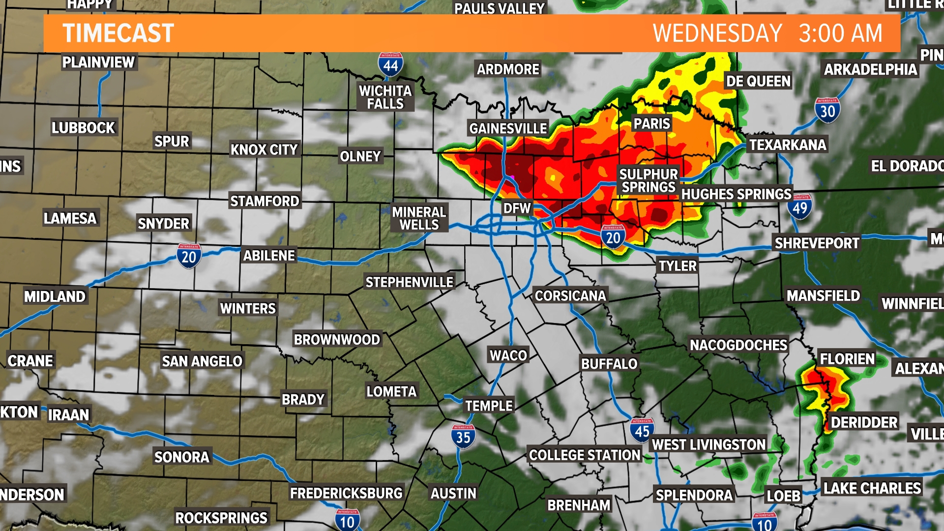 North Texas rain timeline Tuesday night - Wednesday morning