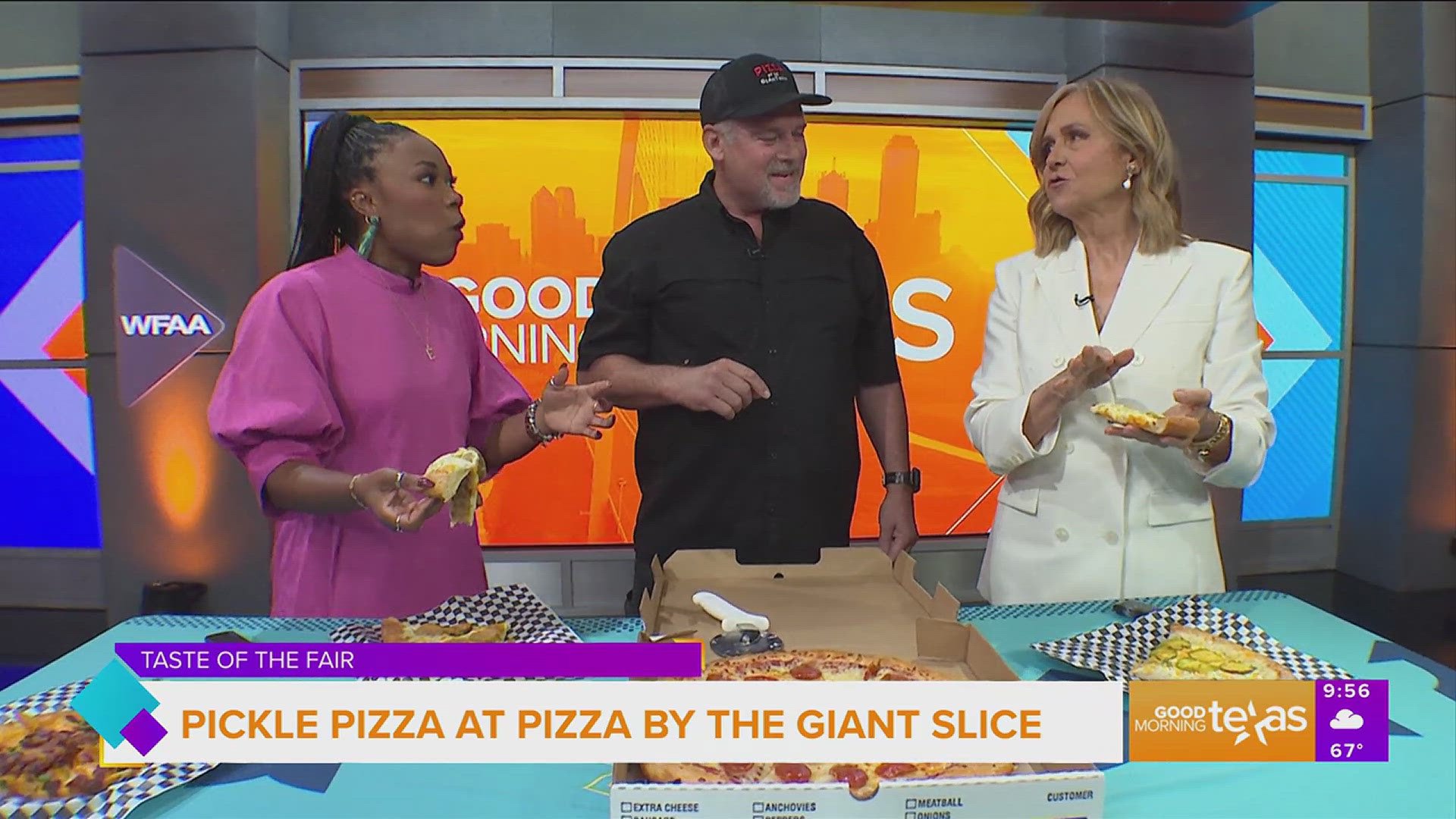 Nick Grace shares his Pizza by the Giant Slice with Jane and Erin. Go to bigtex.com for more information.