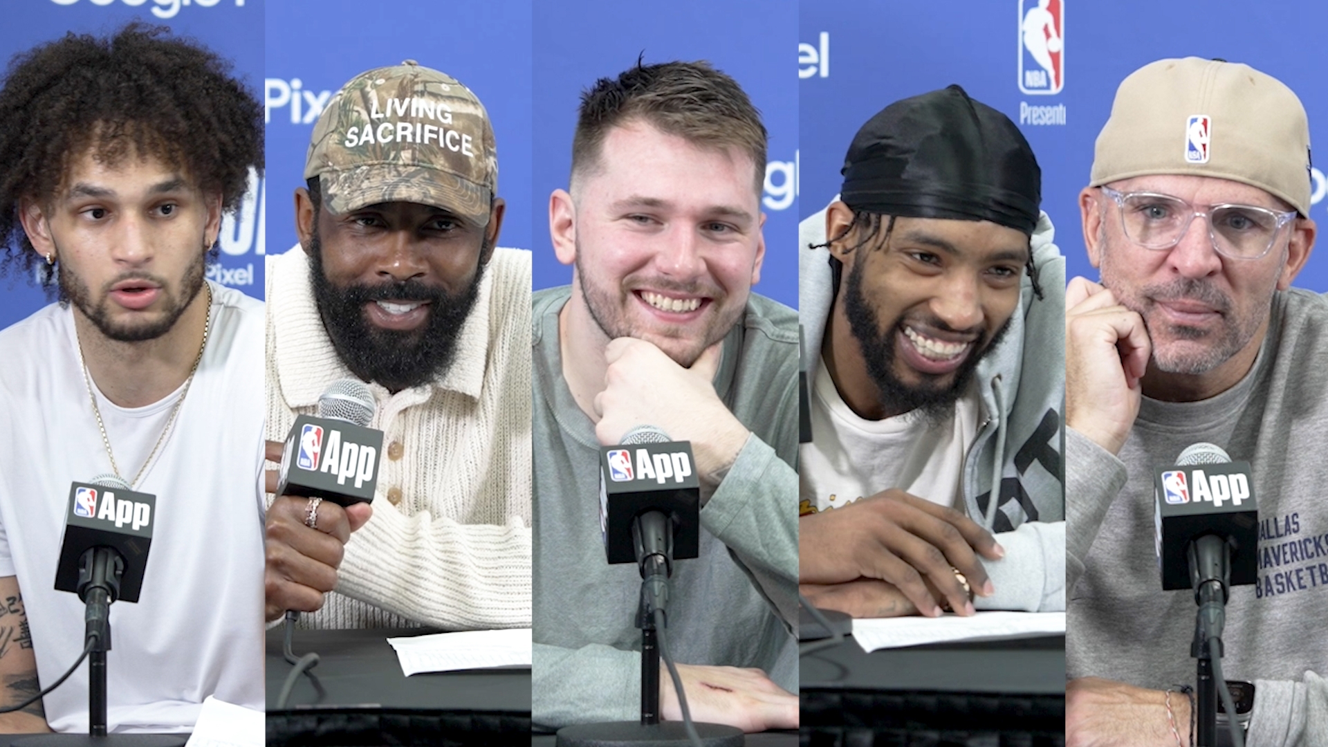 Luka Doncic, Kyrie Irving, Derrick Jones Jr., Dereck Lively II and Jason Kidd talk to the media following the Mavs win against the Thunder on May 15, 2024.