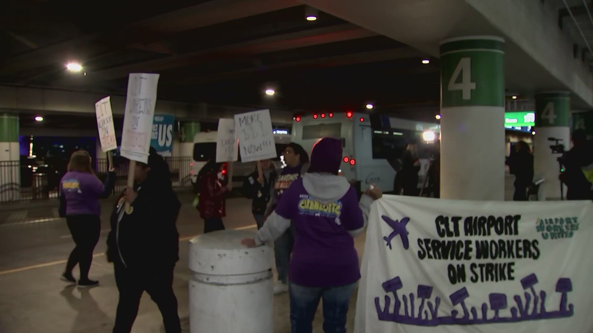 Workers who clean airplanes, remove trash and help with wheelchairs at Charlotte’s airport, one of the nation’s busiest, went on strike Monday.