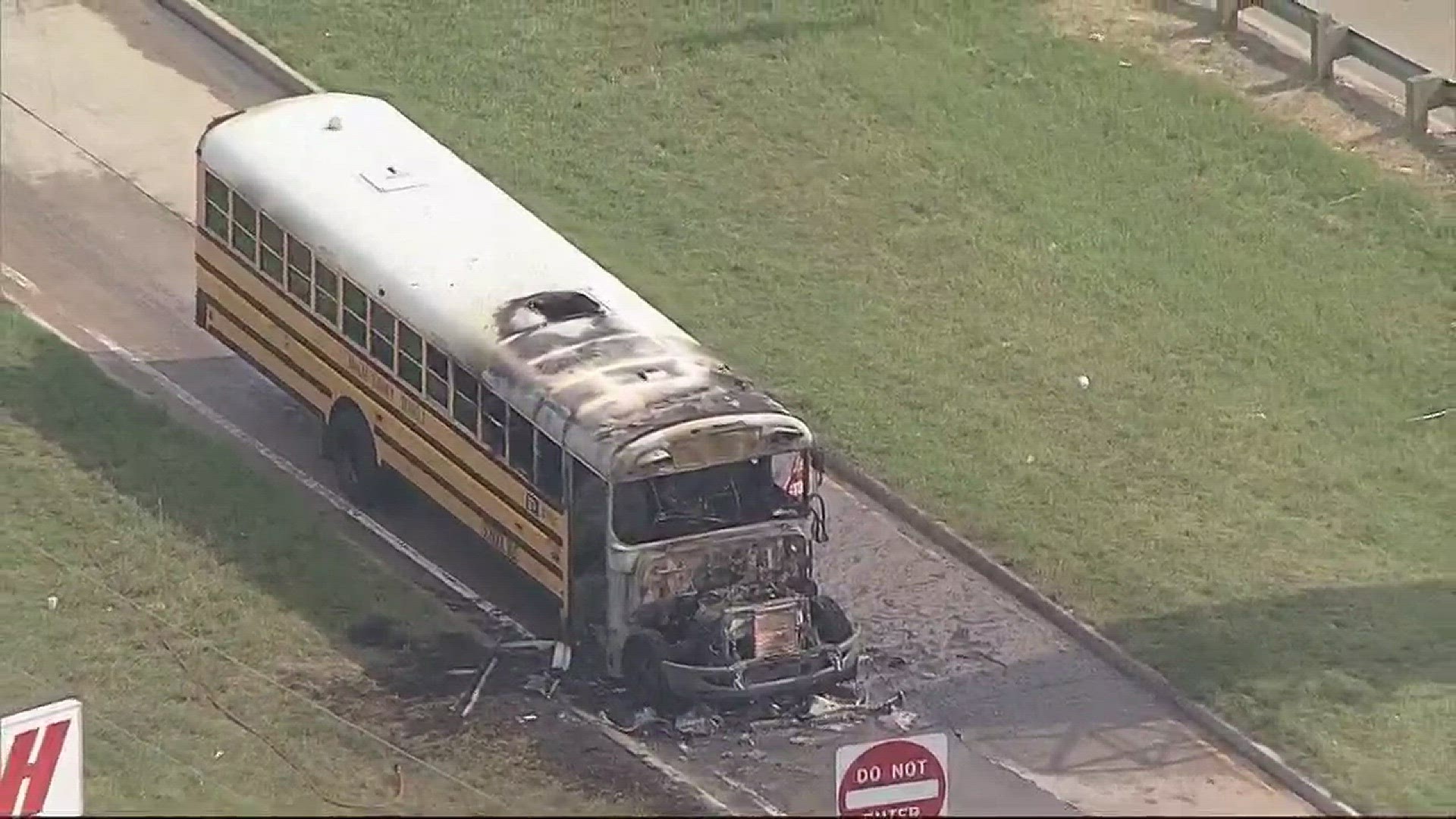 School bus on fire at LBJ and Forest Lane