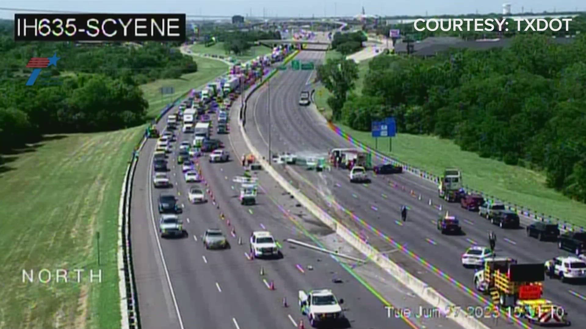 The accident caused debris to cover Southbound 635 as well, officials said. The Camaro then reportedly caught fire.