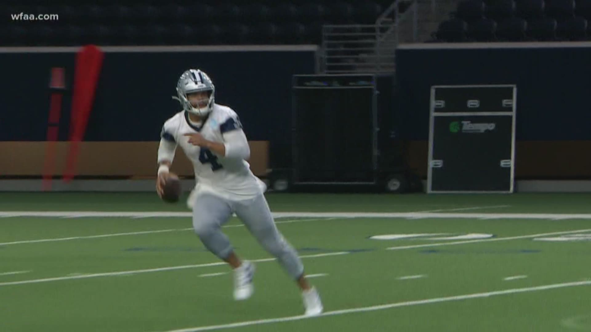 Quarterback Dak Prescott sports Cowboy hat after the team ends minicamp but says he still doesn't have a contract. "It happens when it happens," the QB said. Tight end Jason Witten says Prescott's improvement has been "off the charts."