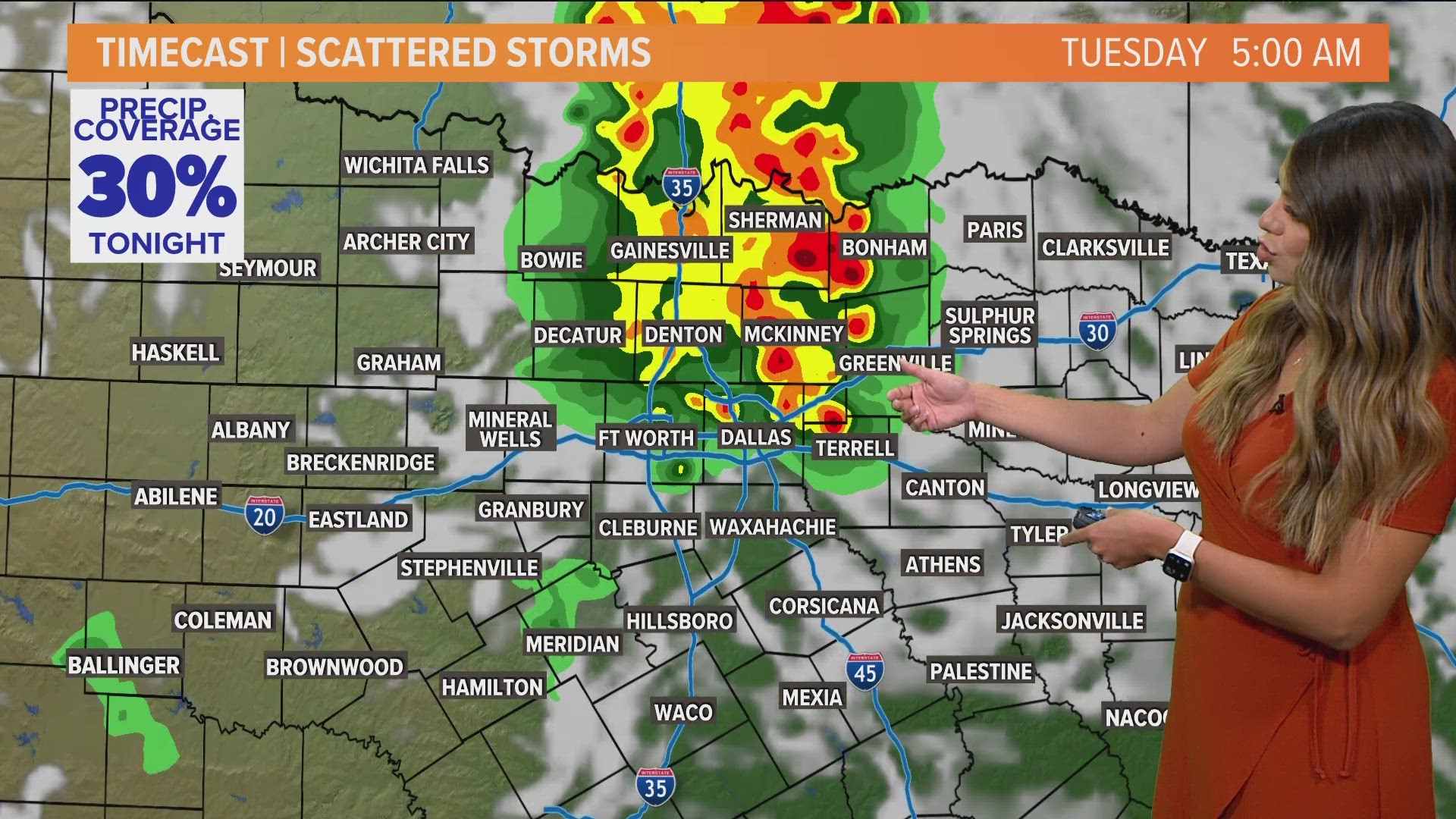 Showers and storms remain in the forecast. Triple digits return mid-week.