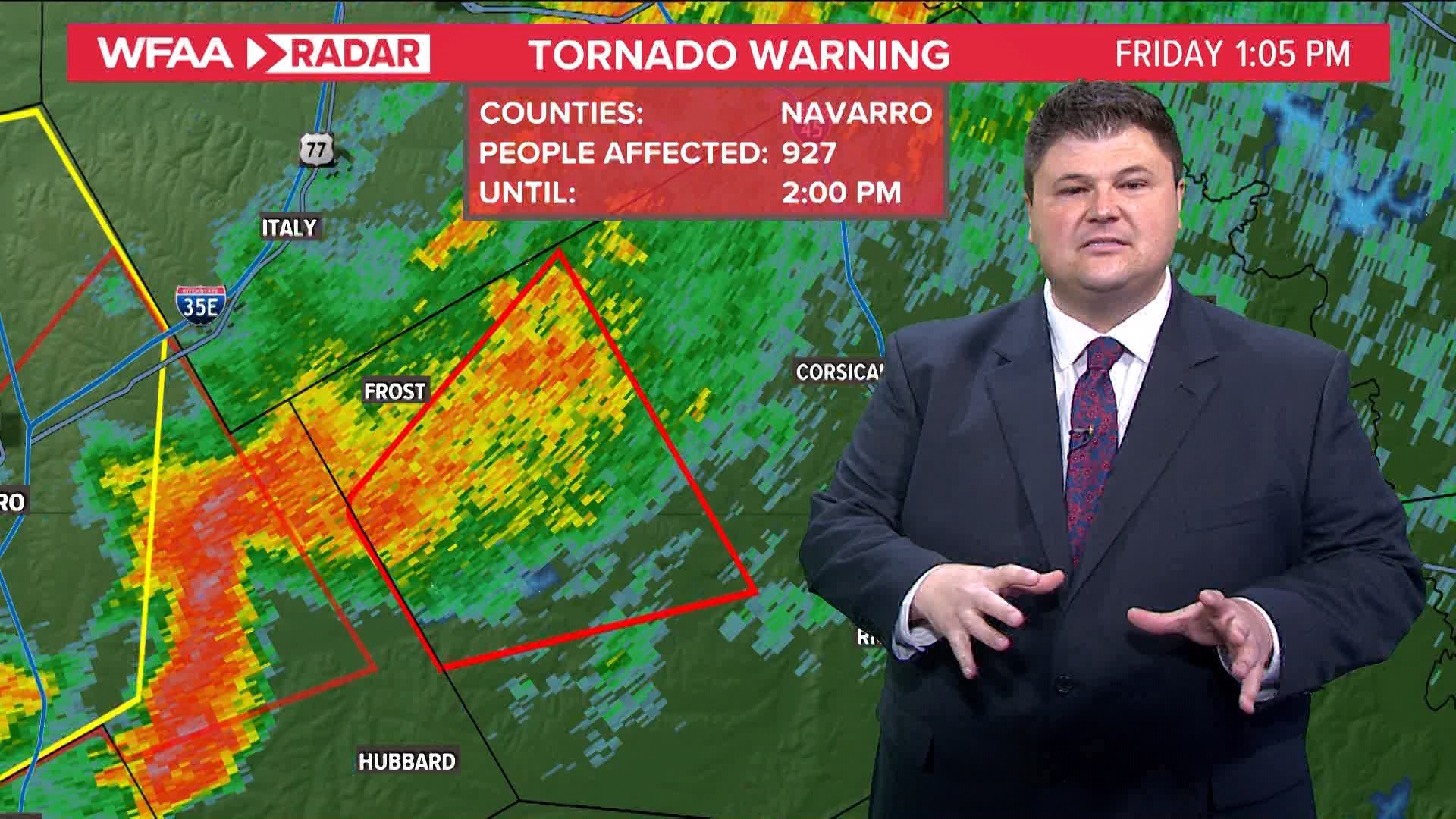 A tornado has been confirmed in Hill County moving into Navarro County on April 26, 2024.