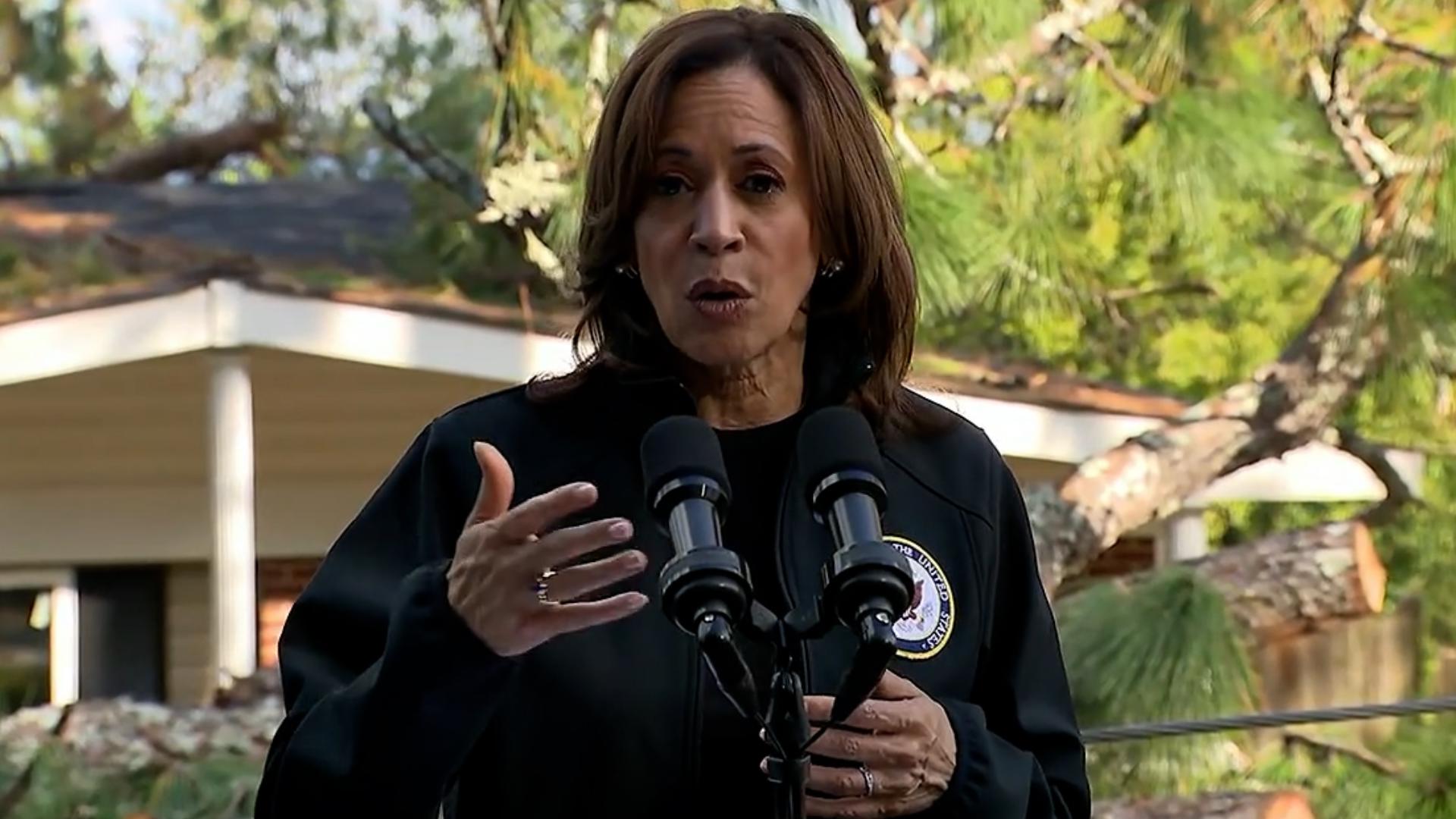 Vice President Kamala Harris visited the Meadowbrook neighborhood of Augusta, Georgia, and spoke to reporters on October 2, 2024.