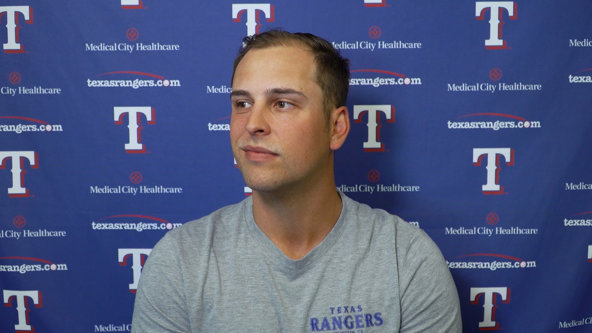 Texas Rangers first baseman Nathaniel Lowe talked about his oblique injury. Courtesy of Texas Rangers.