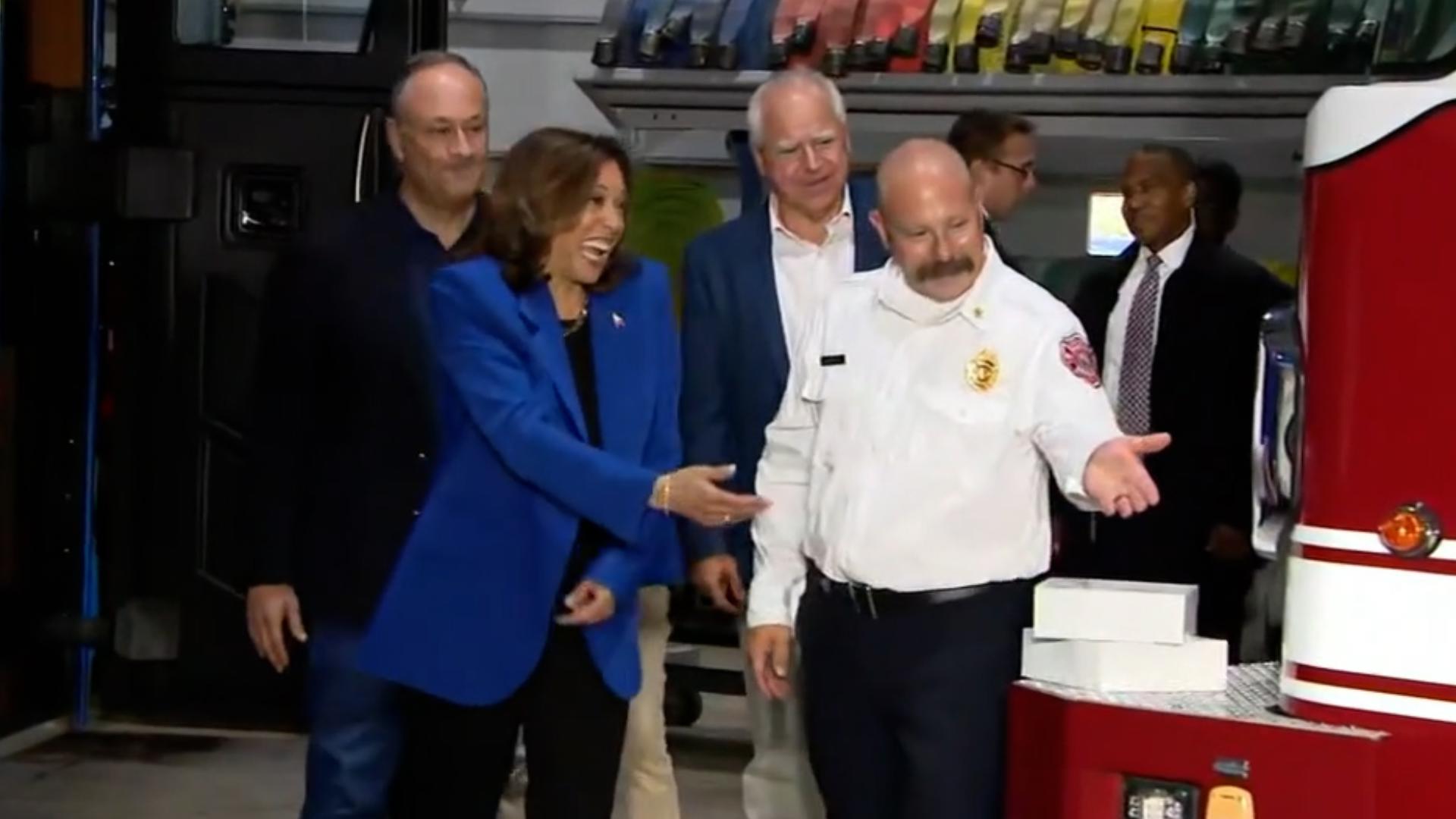 Vice President Kamala Harris and MN Governor Tim Walz visit a fire station along the Pennsylvania campaign trail in Pittsburgh.