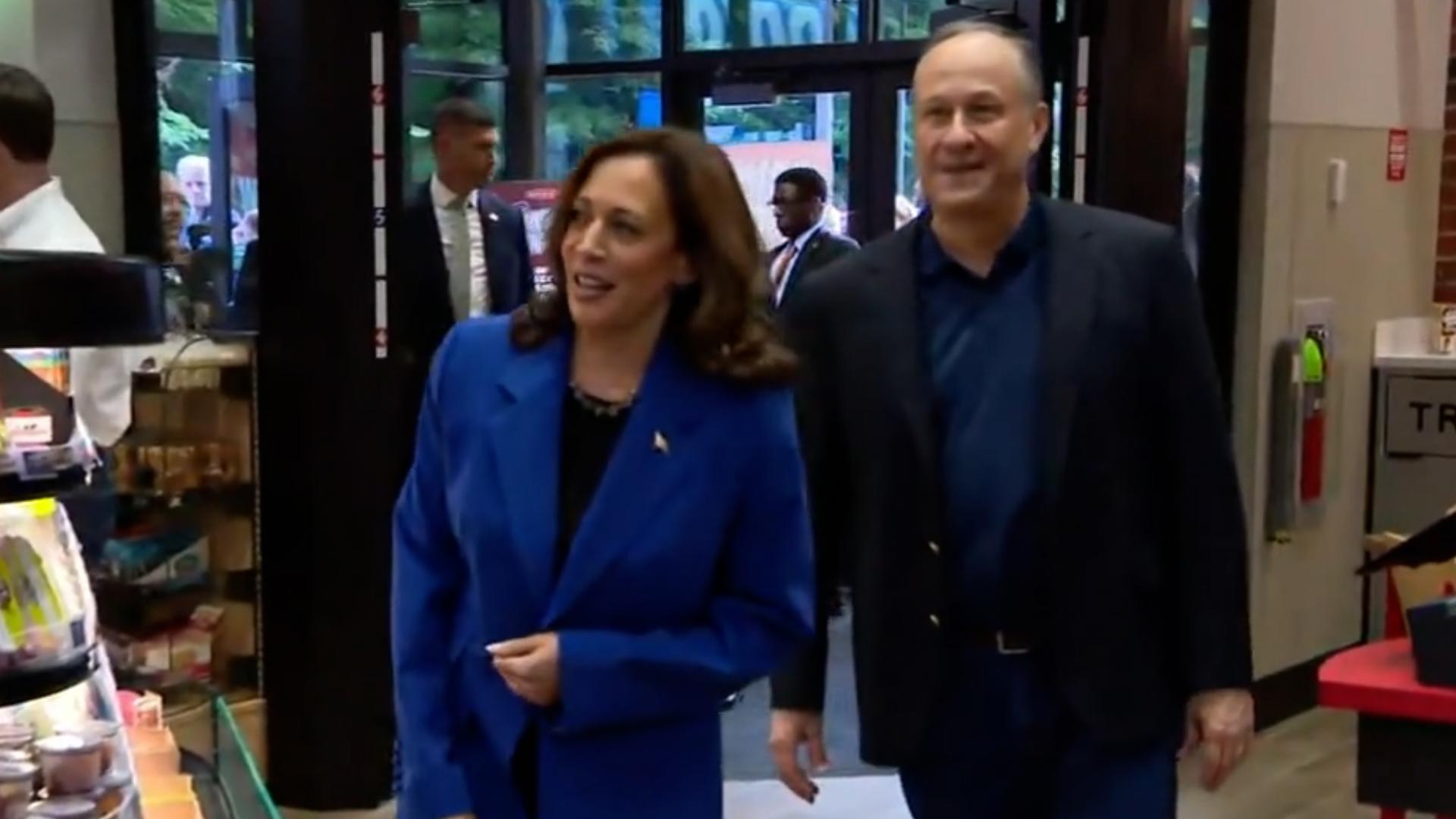 Vice President Kamala Harris and MN Governor Tim Walz stopped into a Sheetz gas station while on the campaign trail in Pennsylvania before flying to Chicago.