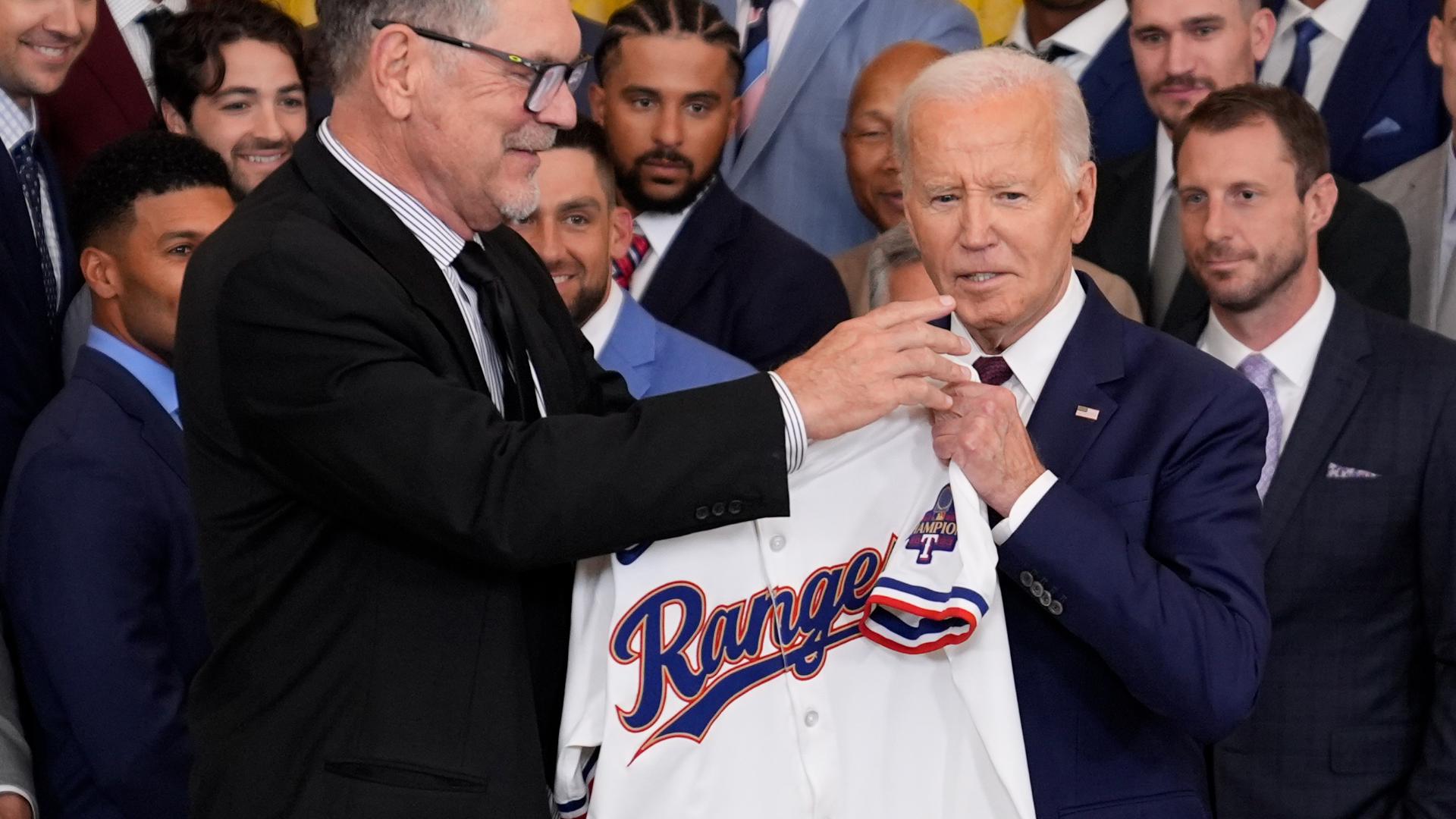 The Texas Rangers visited President Joe Biden at the White House after a win in the 2023 World Series.