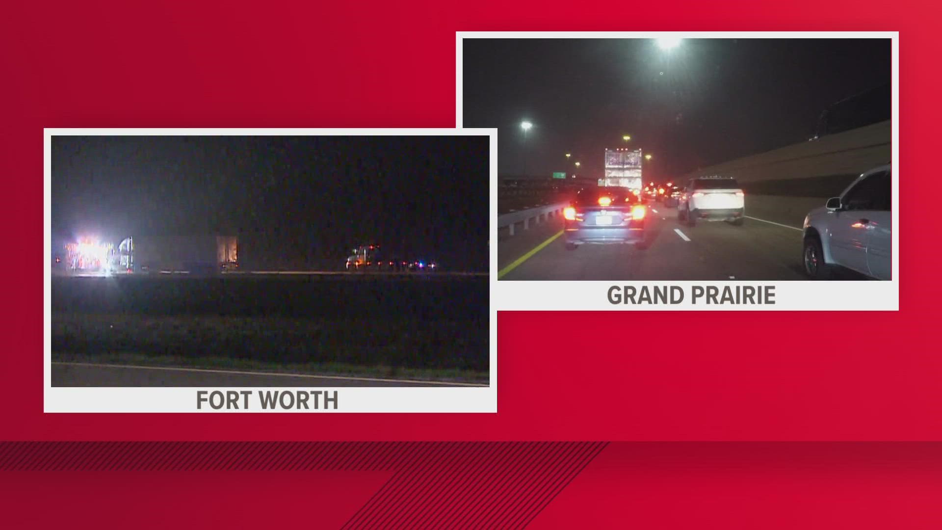 Fort Worth officials closed eastbound lanes of I-20 at FM 2871. In Grand Prairie, multiple lanes are blocked near the George Bush Turnpike.