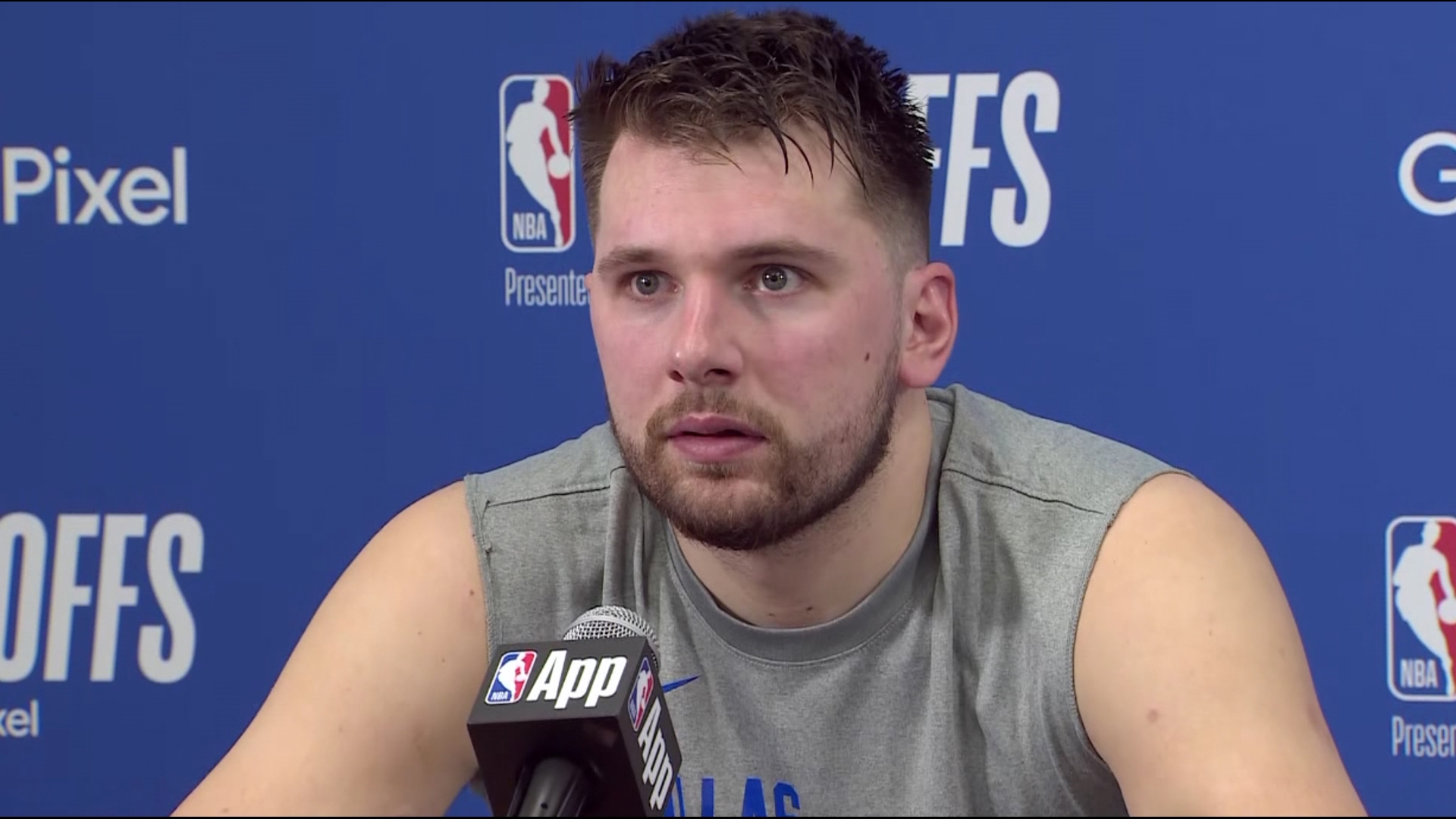 Dallas Mavericks star Luka Doncic had the start of his postgame press conference interrupted by some awkward audio in the background.