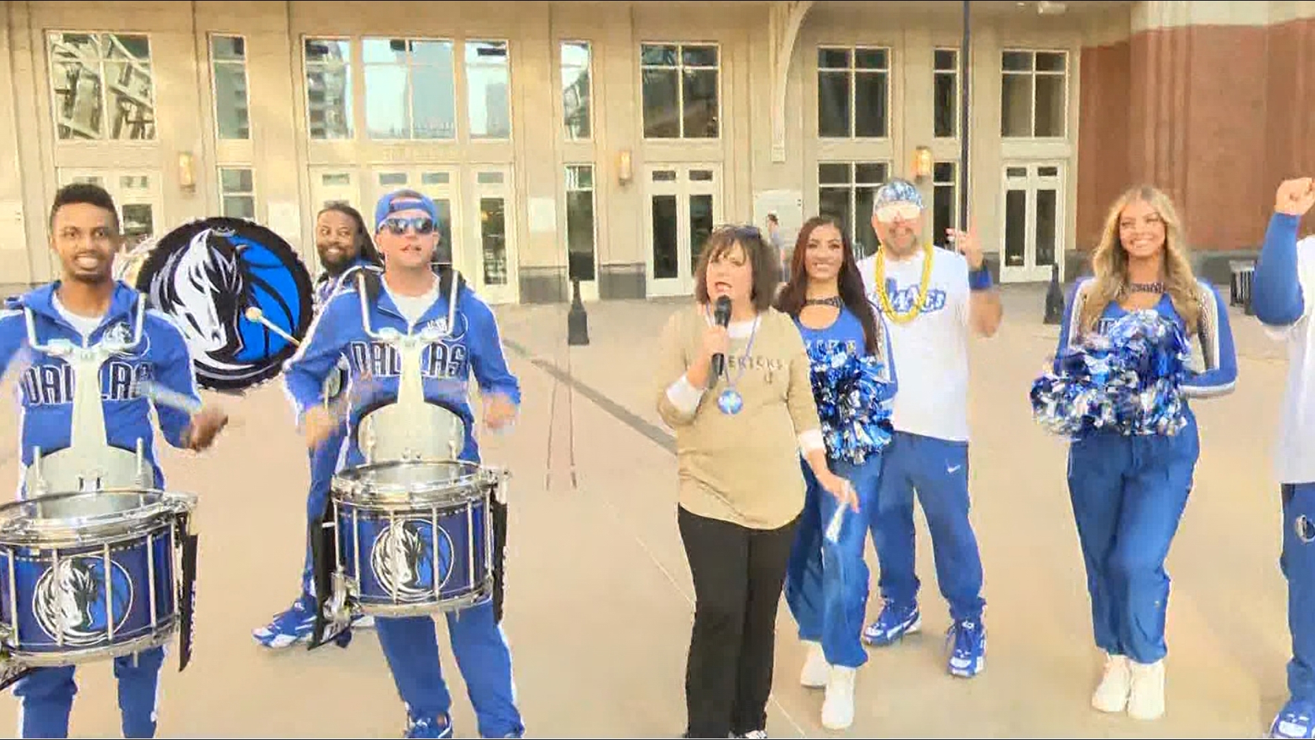 Paige hangs out with the Dallas Mavericks Cheerleaders, Drumline, and Mavs Maniaacs ahead of the season opener game.