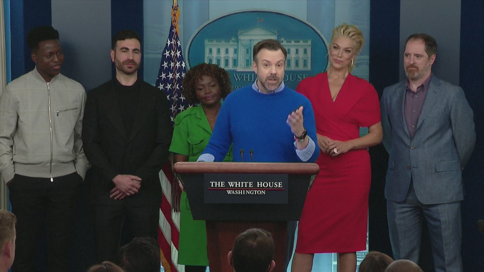 Comedian Jason Sudeikis, who plays Ted Lasso in the Apple TV+ series, helped press secretary Karine Jean-Pierre open her daily White House briefing.