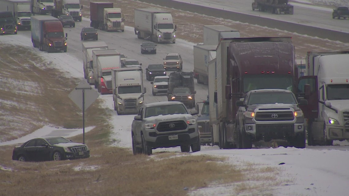 DFW winter storm: Traffic backed up for miles on North Texas highway