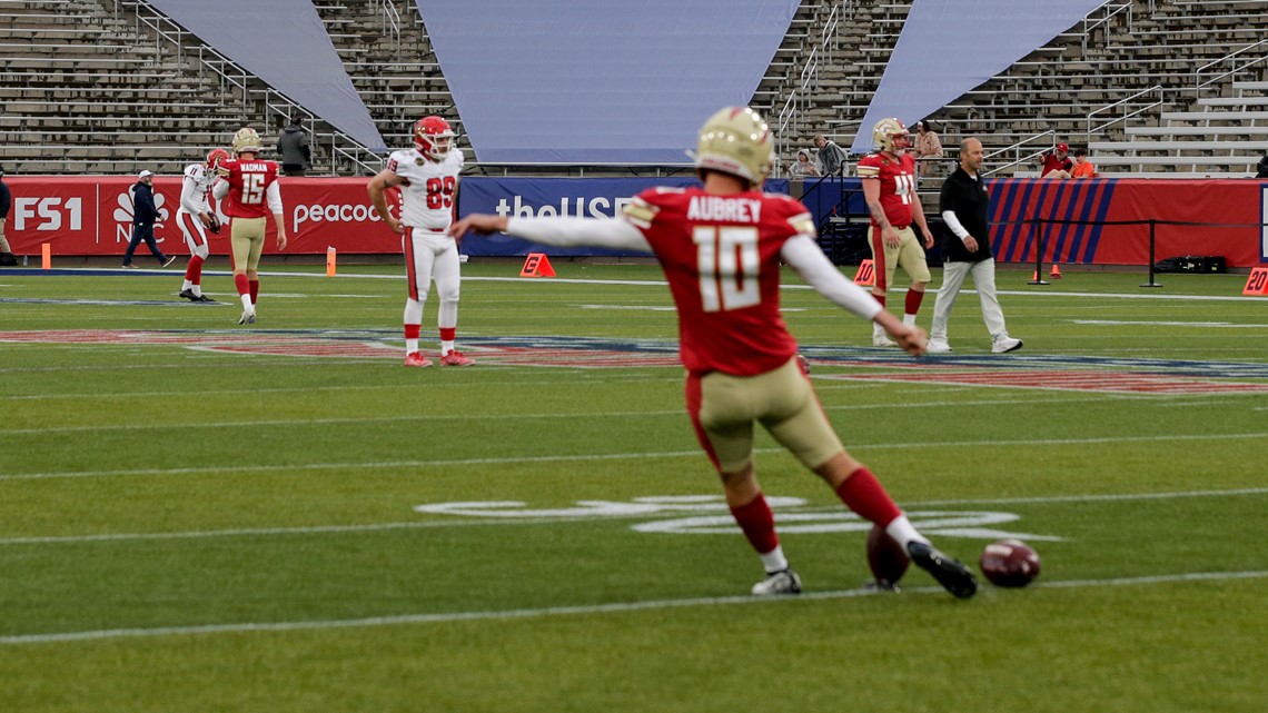 Dallas Cowboys place-kicker Brandon Aubrey (1) prepares to kick the ball  during an NFL Football game in Arlington, Texas, Saturday, August 12, 2023.  (AP Photo/Michael Ainsworth Stock Photo - Alamy