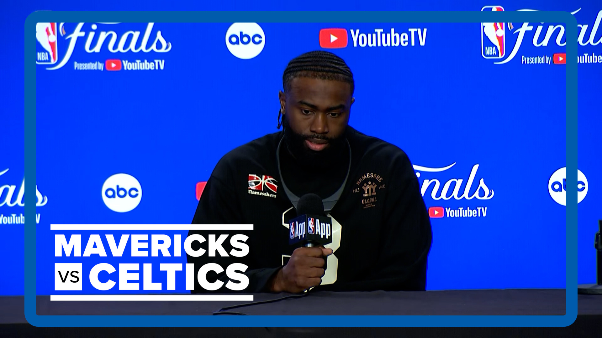 Boston Celtics guard Jaylen Brown speaks to the media one day after winning Game 3 of the NBA Finals to the Boston Celtics.