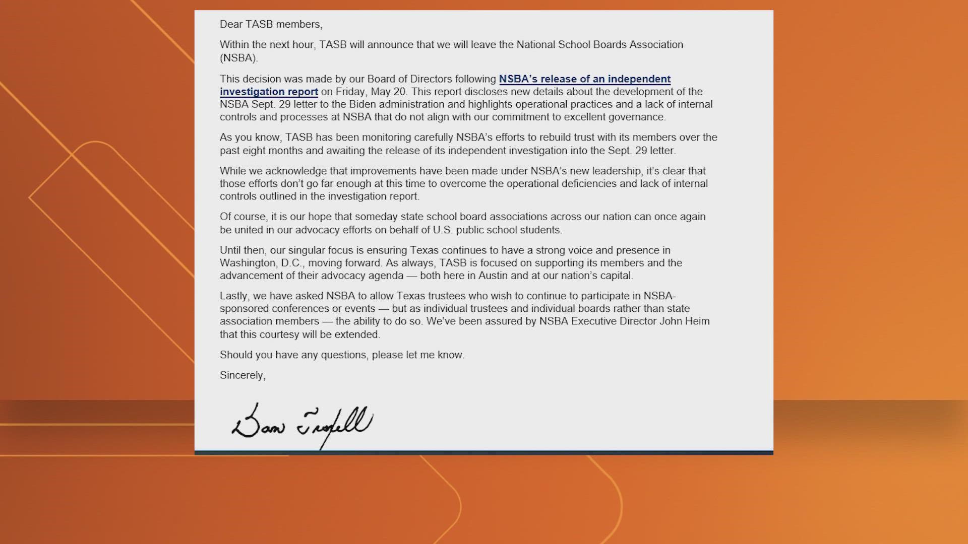 The TASB announced the departure in a letter saying it was based on NSBA's release of an investigation report with details on a letter sent to Biden admin.