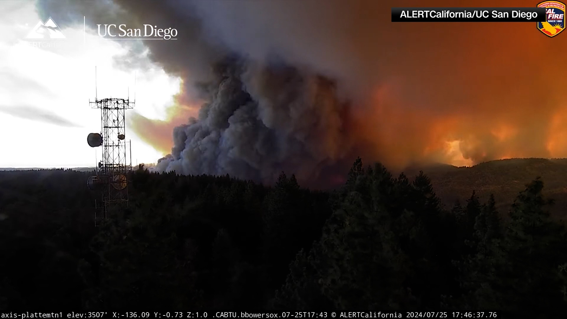 ALERTCalifornia captured the Park Fire in a time lapse, showing a vortex of fire and smoke in Butte County, California.