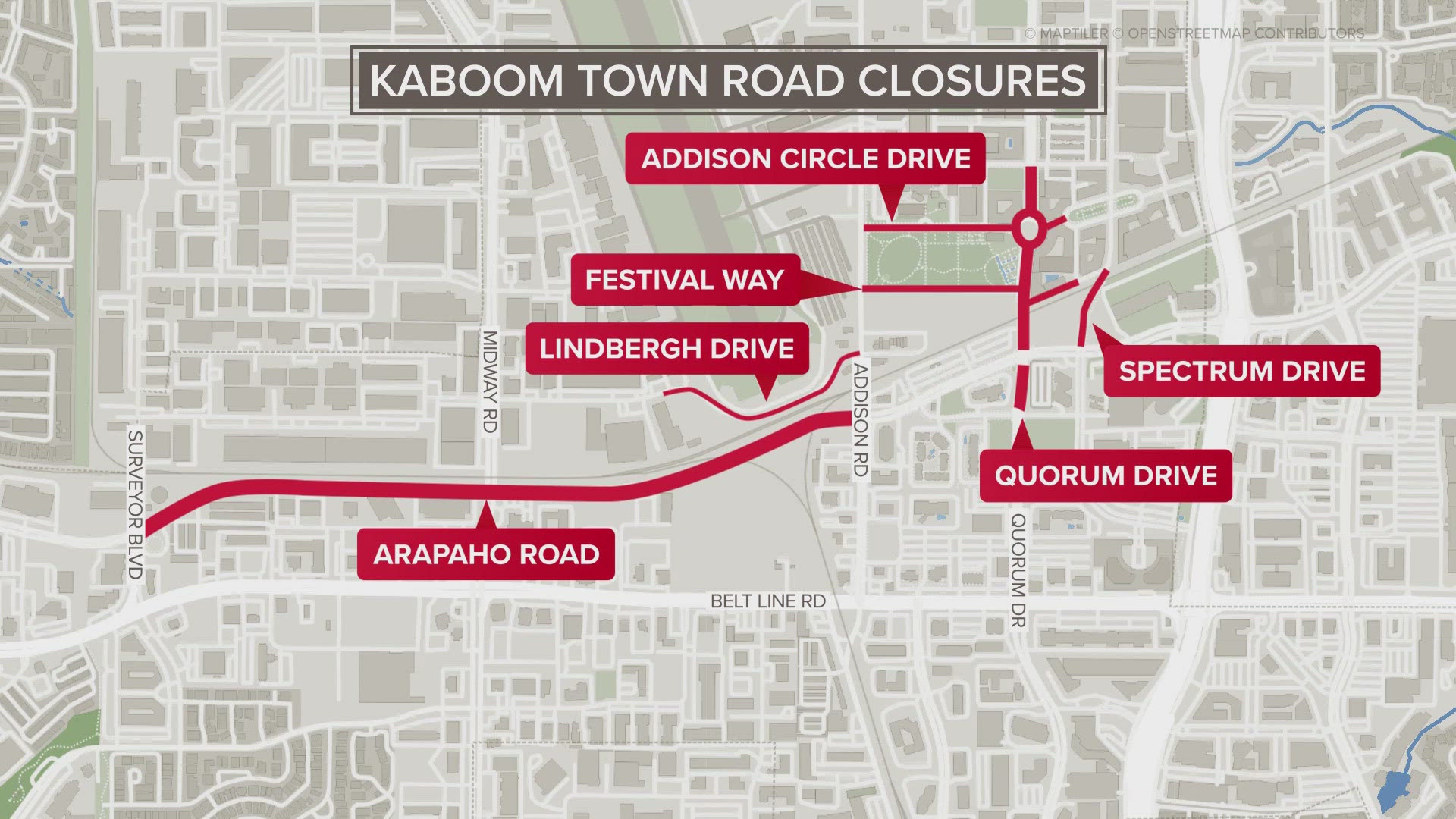 About 500,000 people will visit Addison for Kaboom Town tonight. Here's what to know about road closures around the event today.