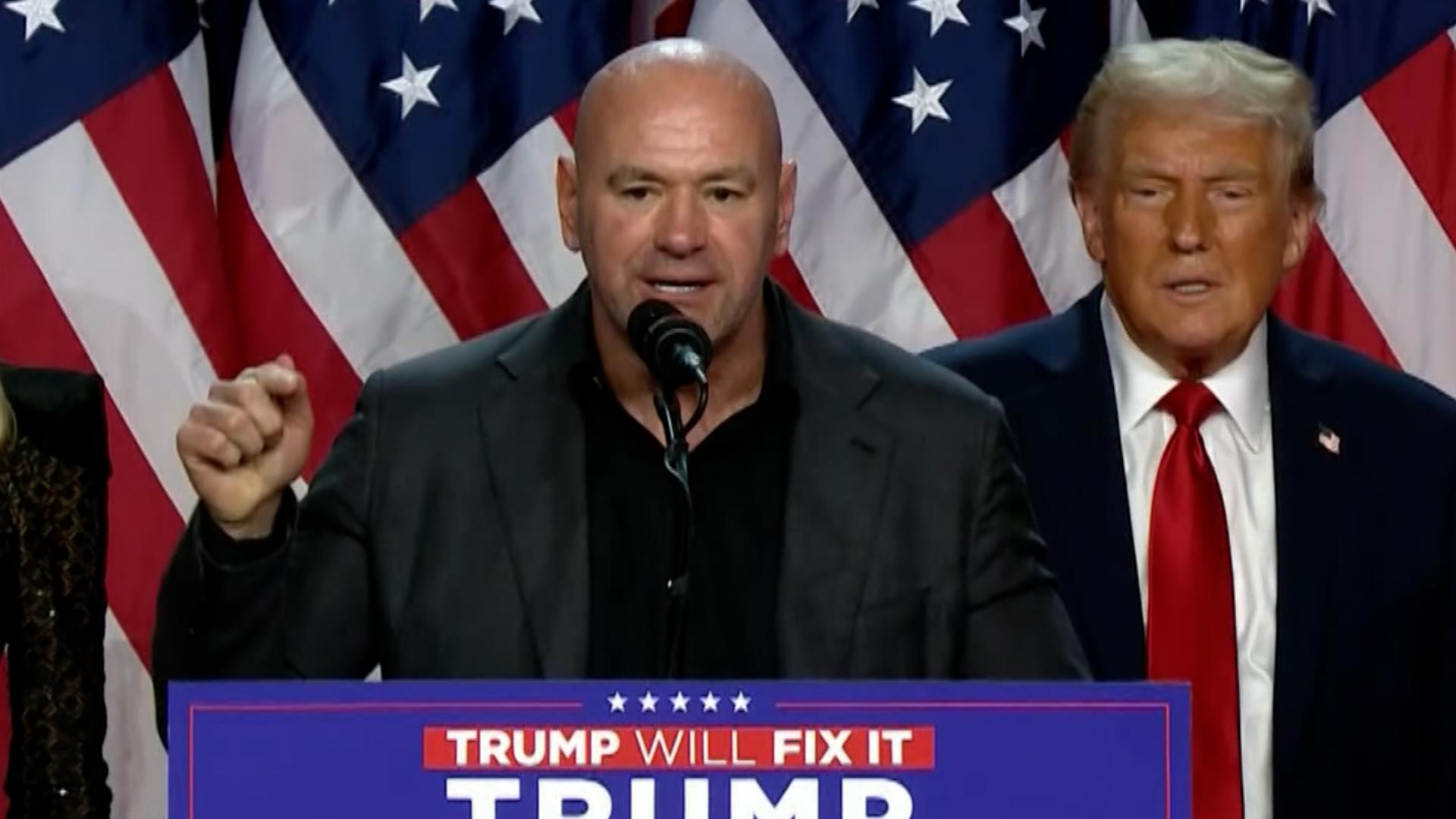 Former President Donald Trump self-declared victory and invited UFC founder Dana White to speak on election night in West Palm Beach, Florida.