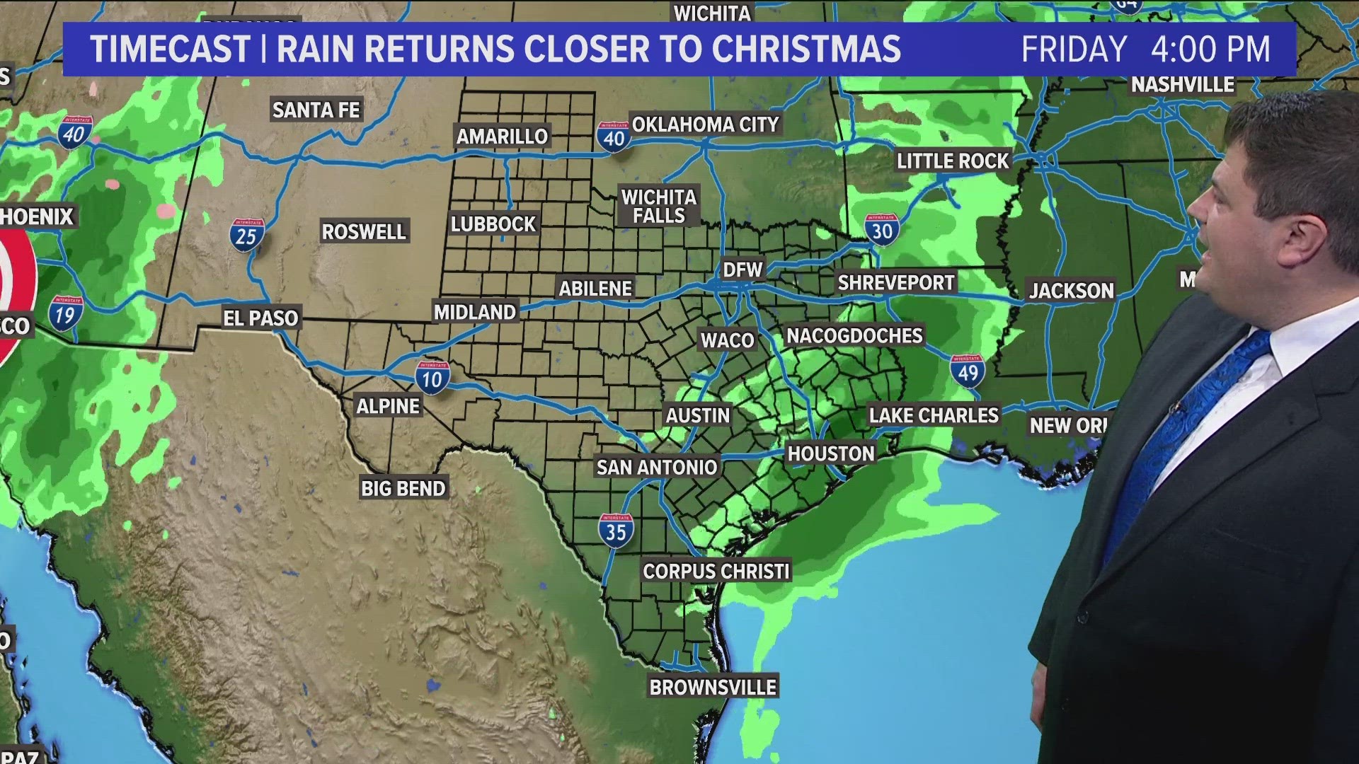 Widespread showers are in the forecast for Dallas-Fort Worth on Christmas Eve, but the temperatures won't dip low enough to turn that into snow.