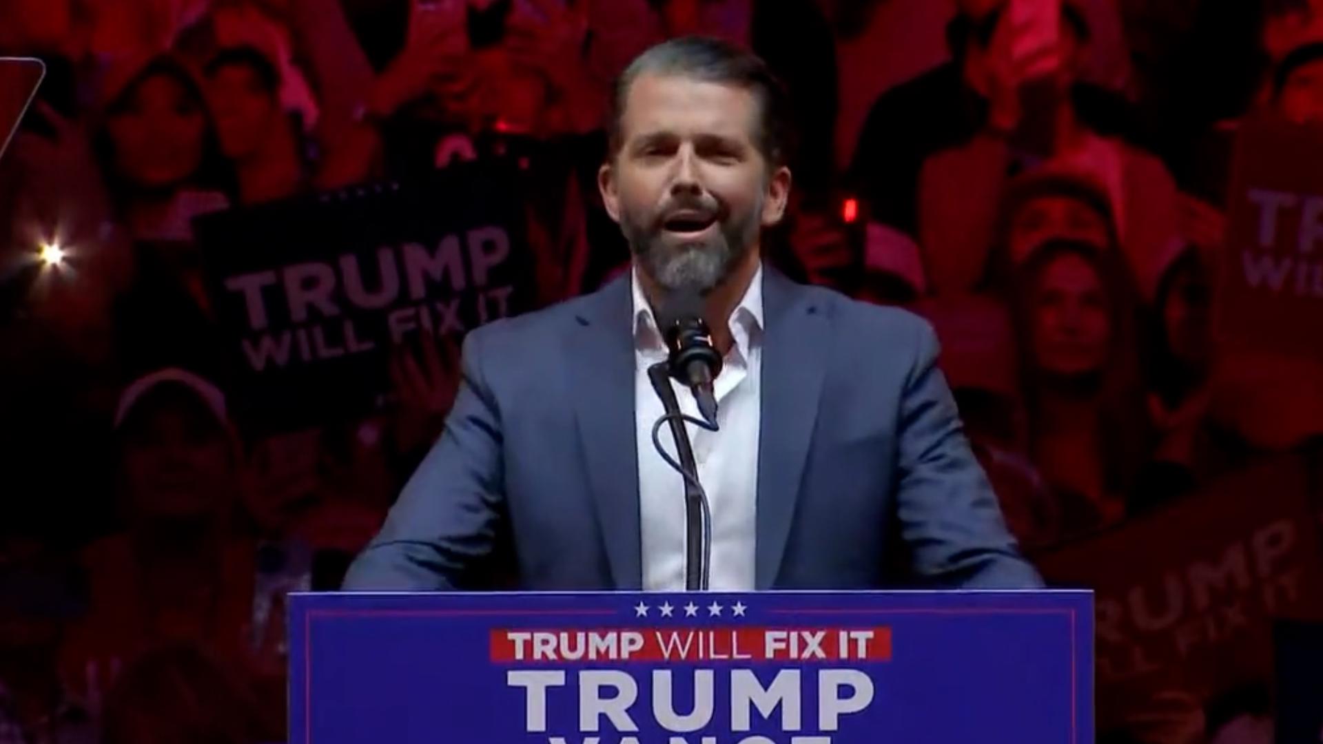 Donald Trump Jr. delivered remarks at a campaign event inside Madison Square Garden in New York City on October 27, 2024.