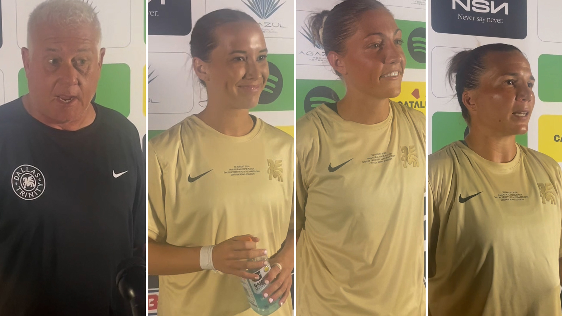 Dallas Trinity players and acting head coach Chris Petrucelli speak to the media after their friendly match against FC Barcelona.