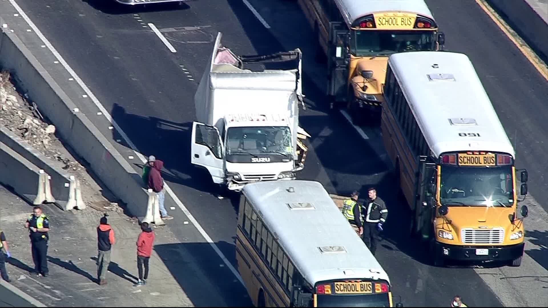 According to a spokesperson for Dallas ISD, students from Casa View Elementary were on the way to a field trip when their bus was clipped by one of the box trucks.