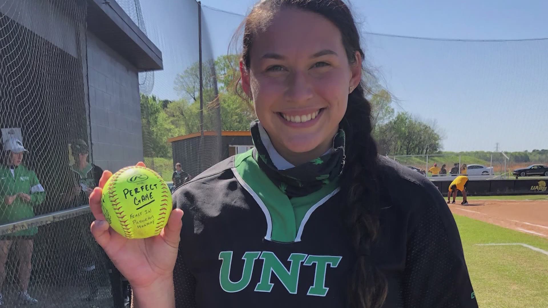 The UNT senior pitcher is the first player in NCAA Division 1 softball history to pitch a perfect, seven-inning game and strike out every batter she faced.