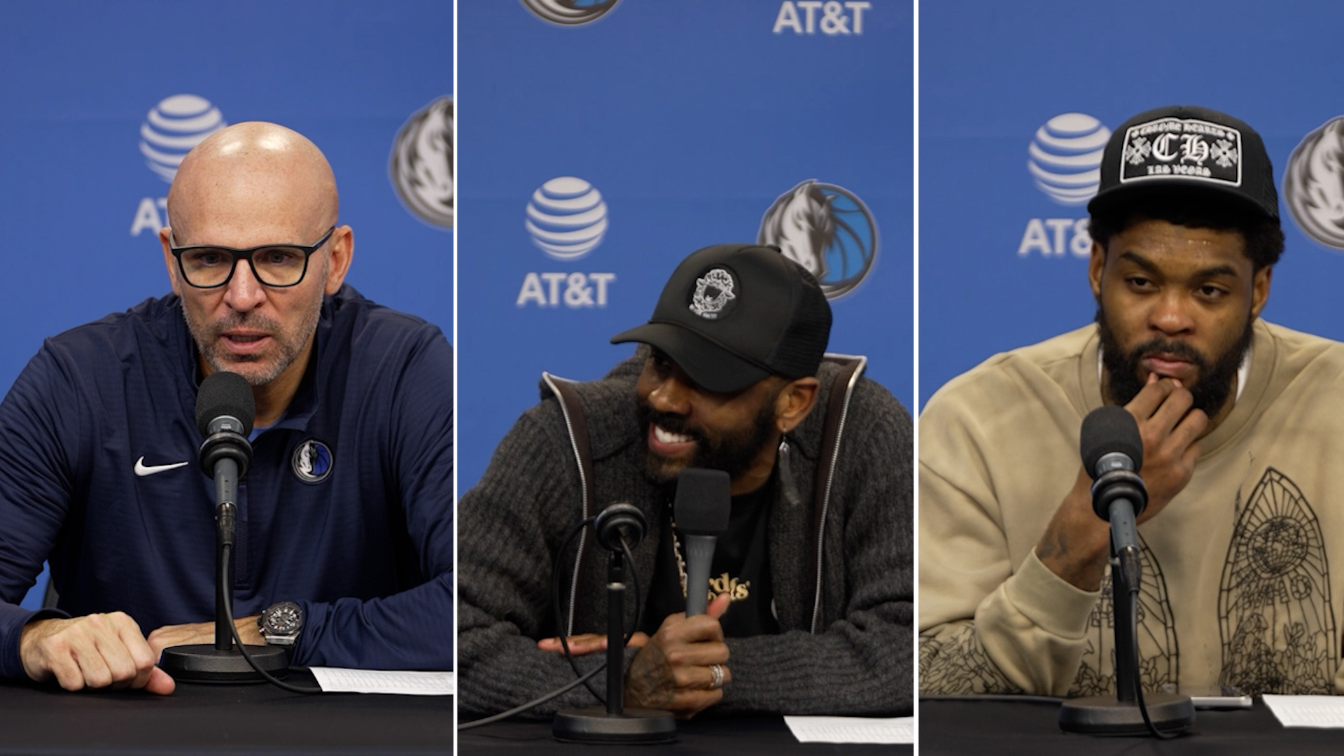 Dallas Mavericks coach Jason Kidd and players Kyrie Irving and Naji Marshall speak after the 106-98 w in over the Oklahoma City Thunder.