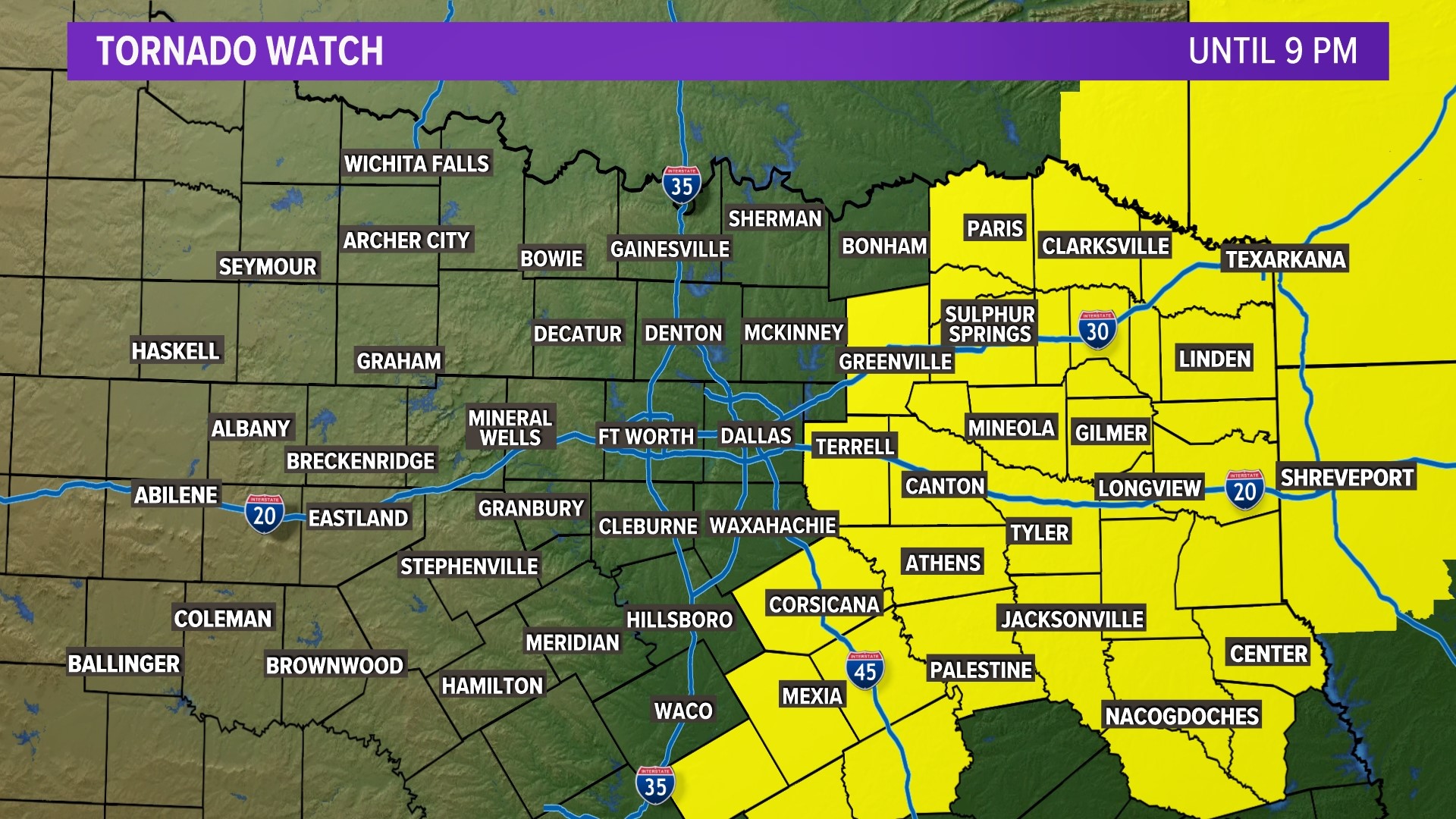 A Tornado Watch has been issued for parts of North Texas. Here is the latest radar look.