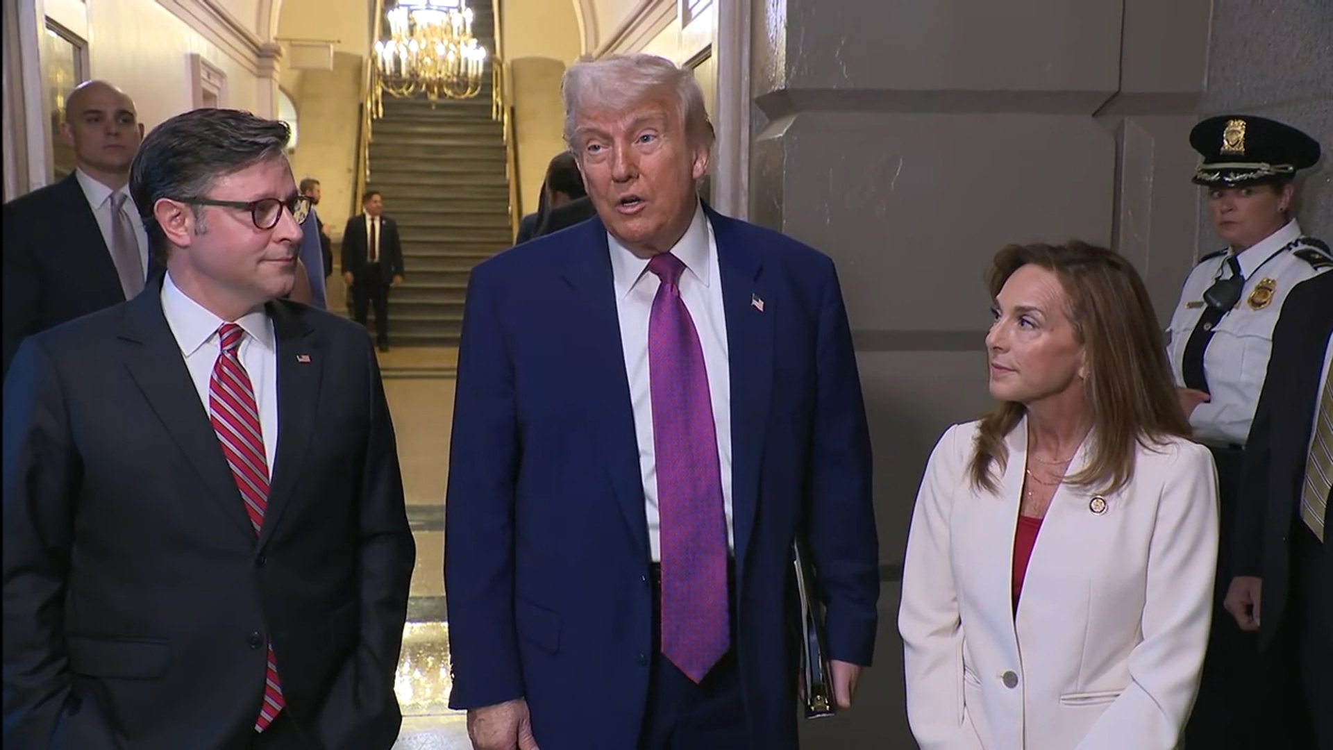 President Donald Trump spoke alongside House Speaker Mike Johnson before and after asking GOP Congressmen and women to pass his spending bill.